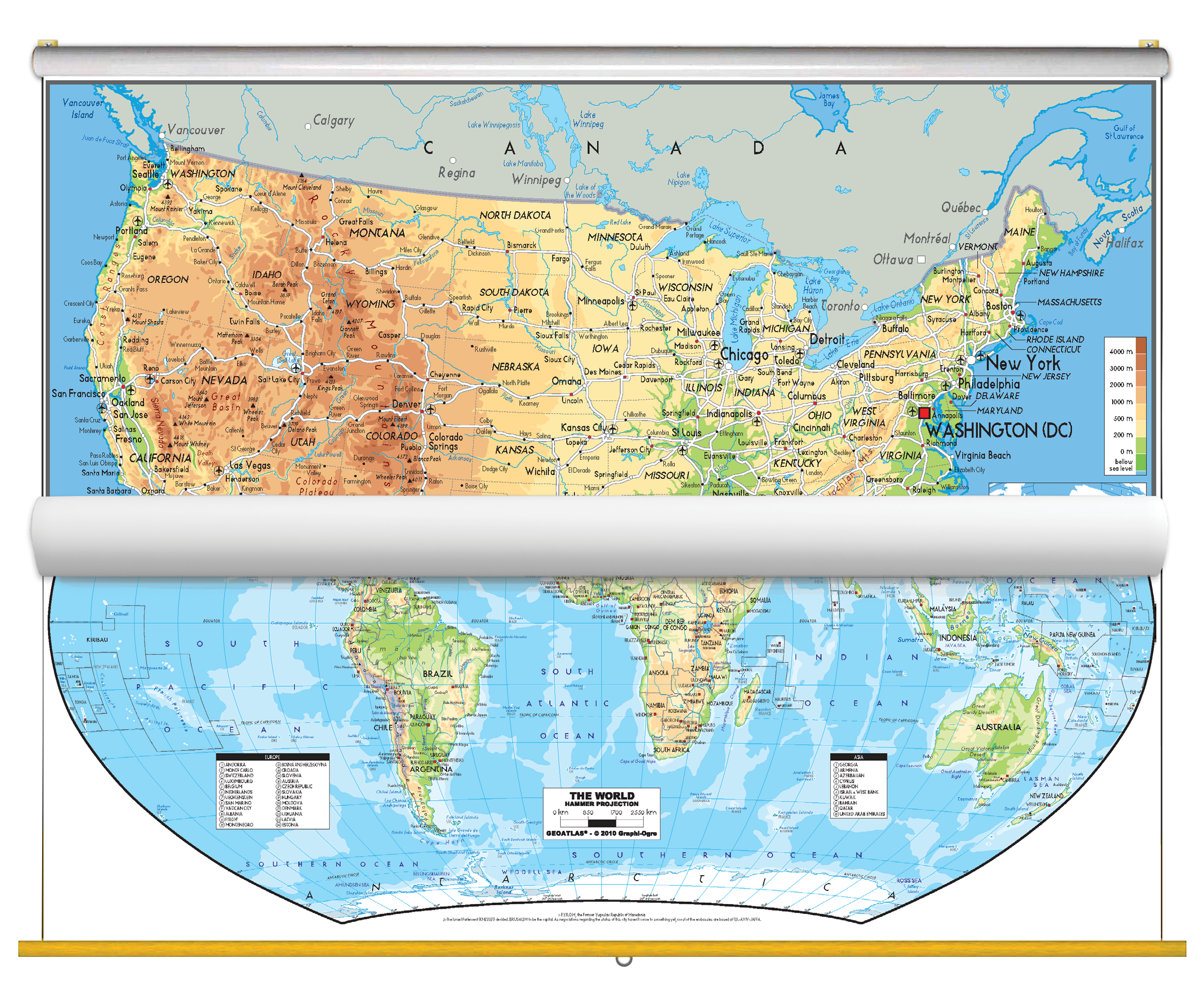 Physical USA and World Map Classroom Pull Down 2 Map Bundle