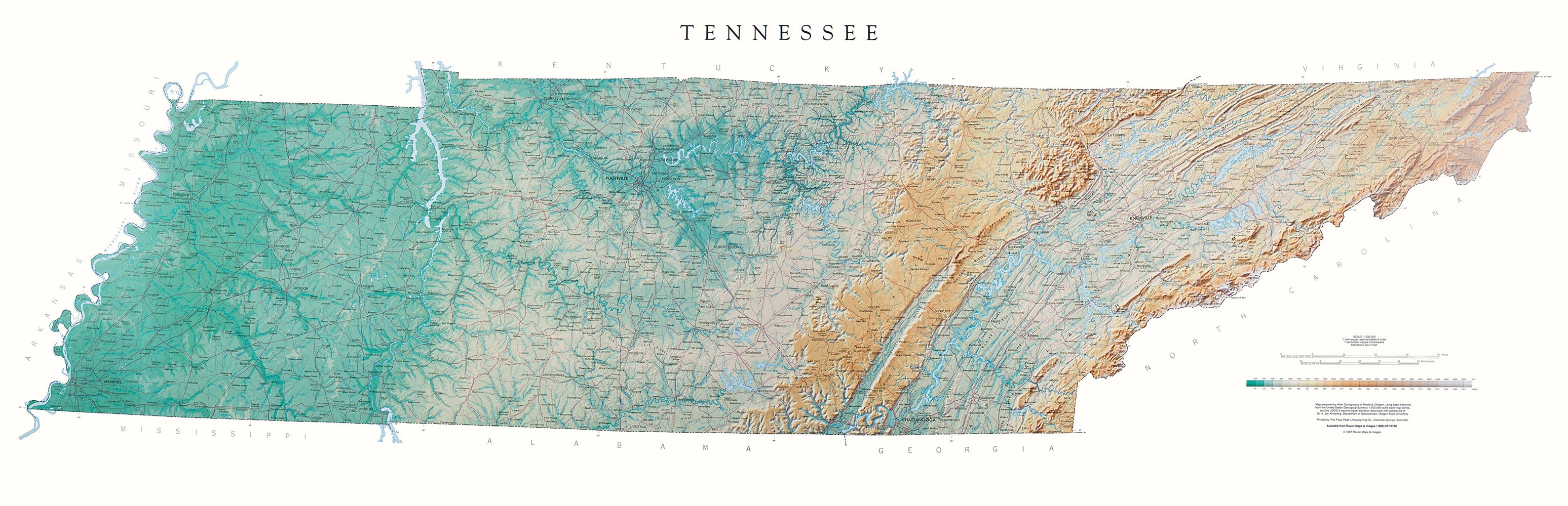 Tennessee Topographical Wall Map By Raven Maps, 21" X 65"