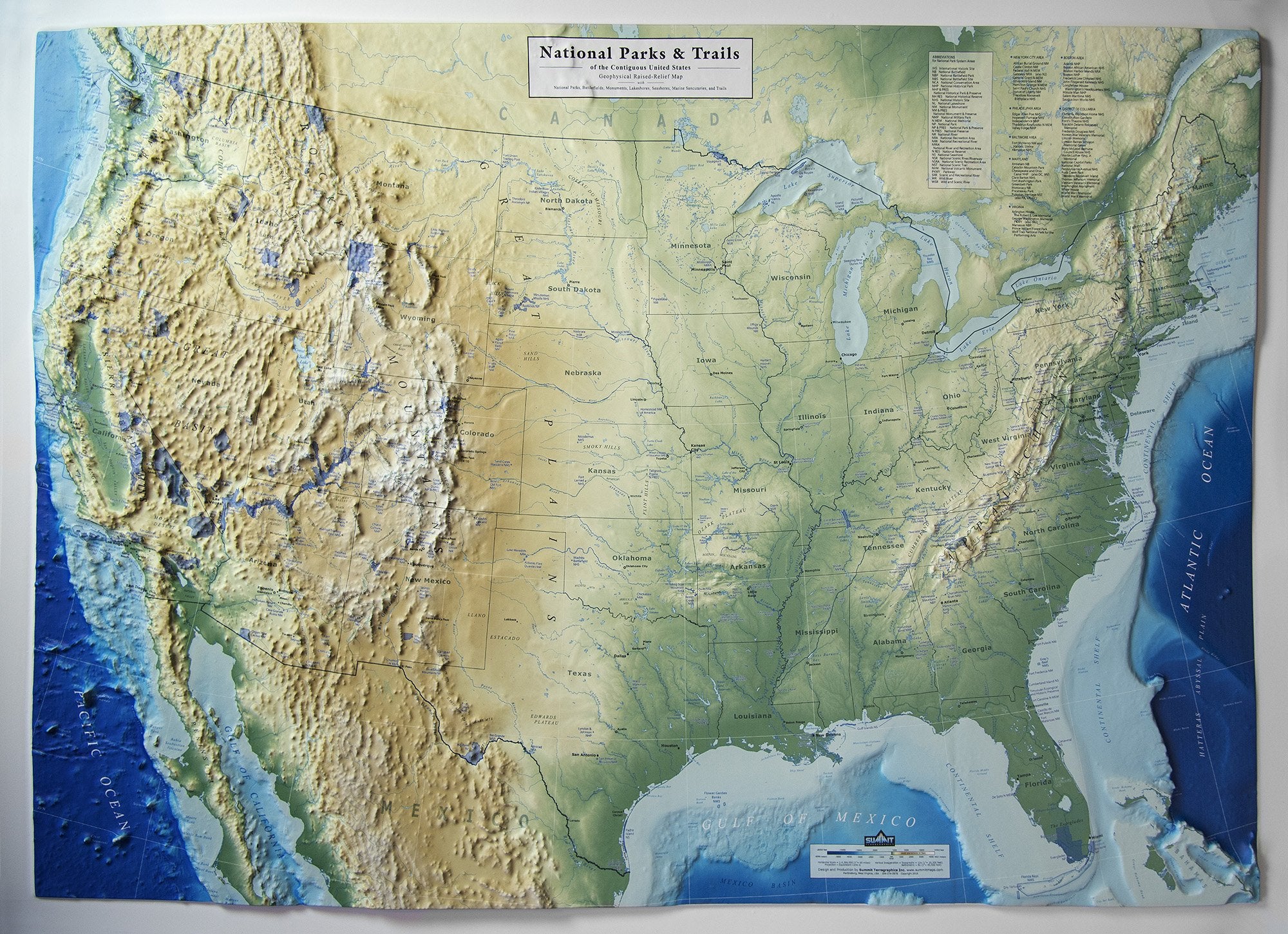 United States - National Parks & Trails Three Dimensional 3D Raised Relief Map