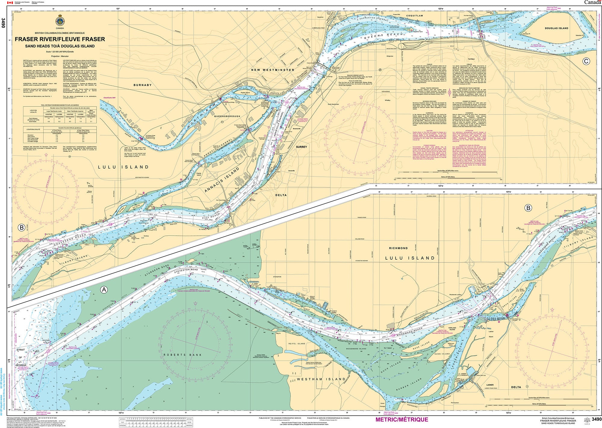 Canadian Hydrographic Service Nautical Chart CHS3490: Fraser River/Fleuve Fraser, Sand Heads to/à Douglas Island