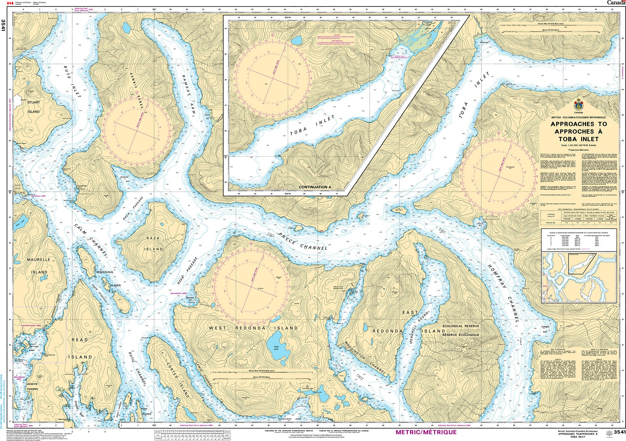 Canadian Hydrographic Service Nautical Chart CHS3541: Approaches to/Approches à Toba Inlet