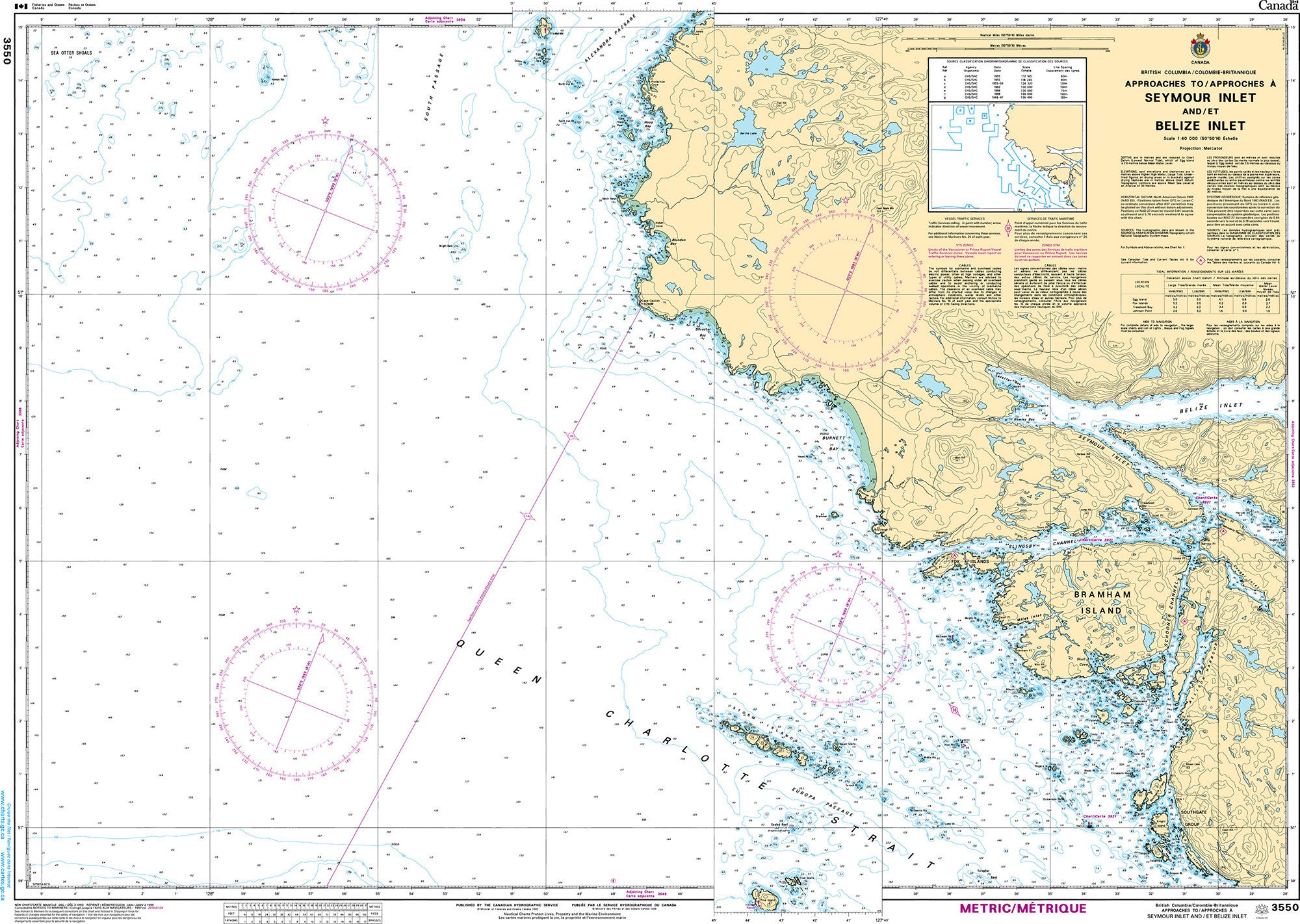 Canadian Hydrographic Service Nautical Chart CHS3550: Approaches to/Approches à Seymour Inlet and/et Belize Inlet