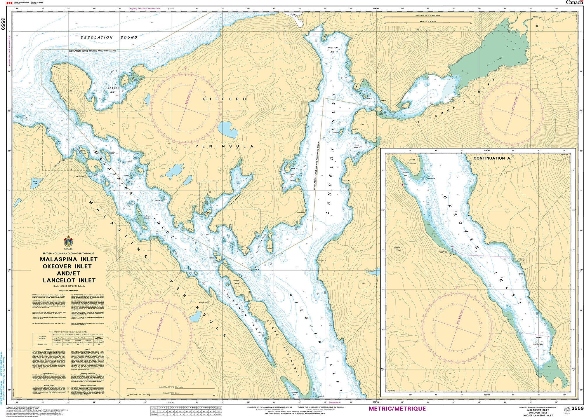 Canadian Hydrographic Service Nautical Chart CHS3559: Malaspina Inlet, Okeover Inlet and/et Lancelot Inlet