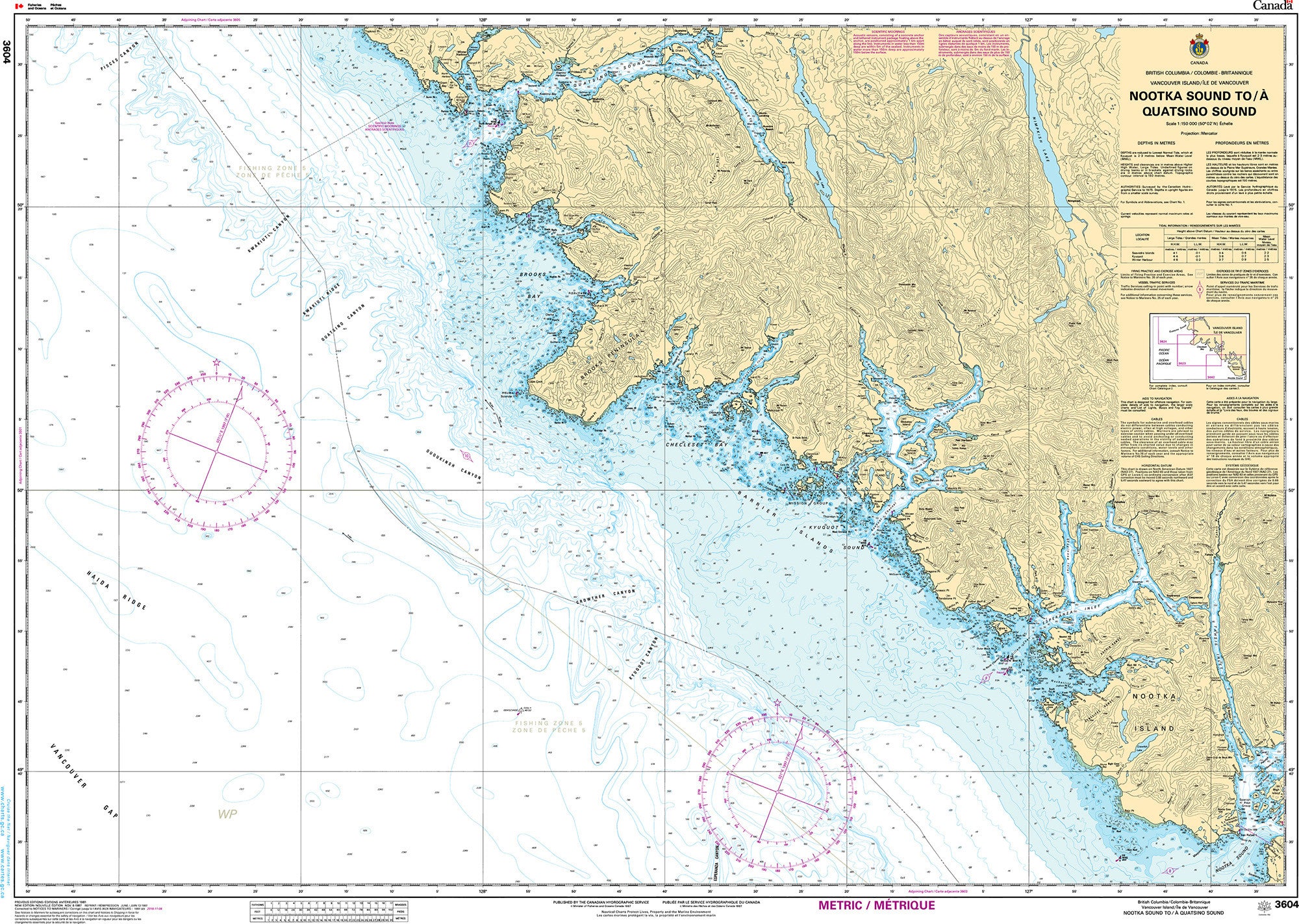 Canadian Hydrographic Service Nautical Chart CHS3604: Nootka Sound to/à Quatsino Sound