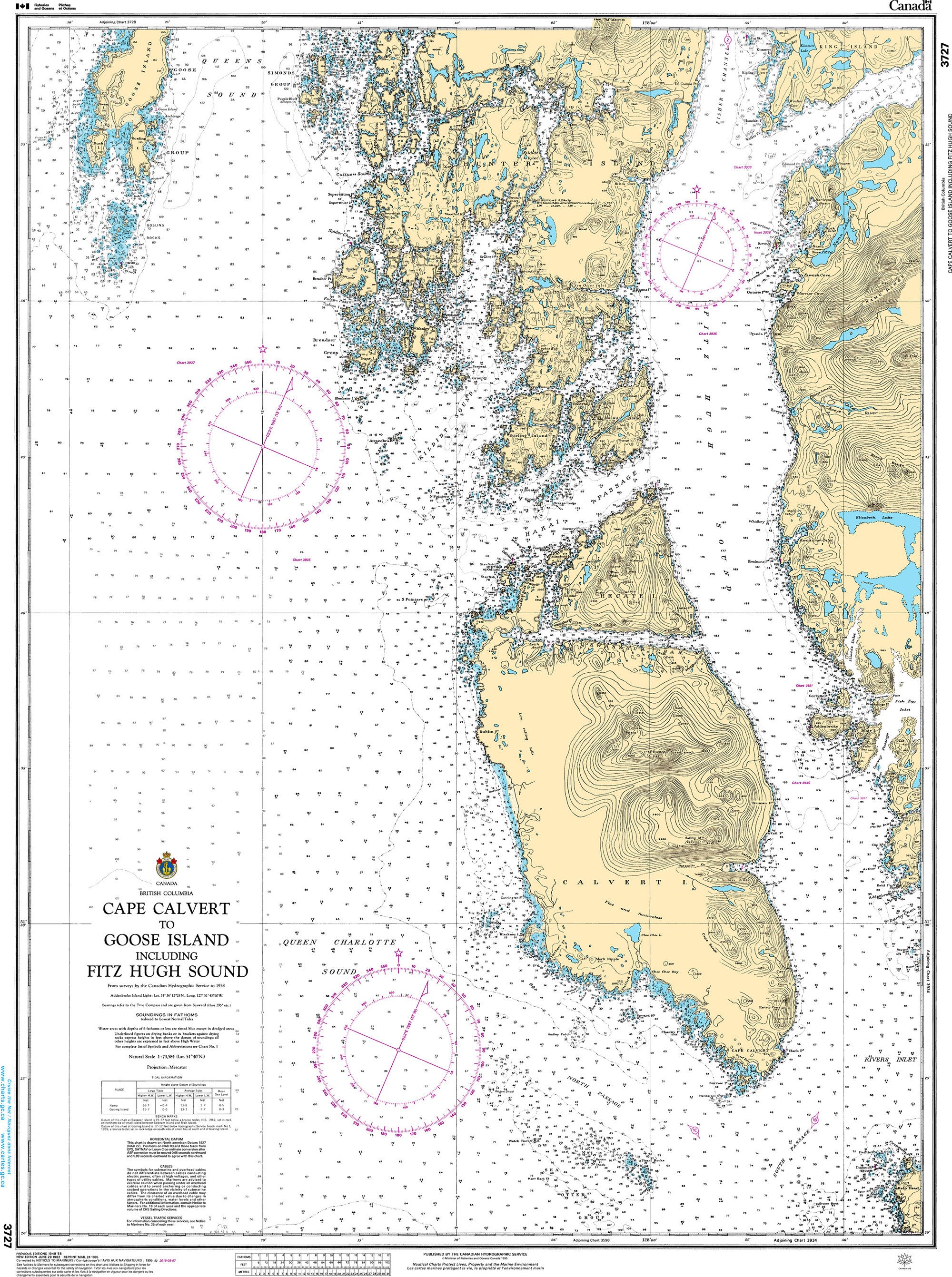 Canadian Hydrographic Service Nautical Chart CHS3727: Cape Calvert to Goose Island including Fitz Hugh Sound