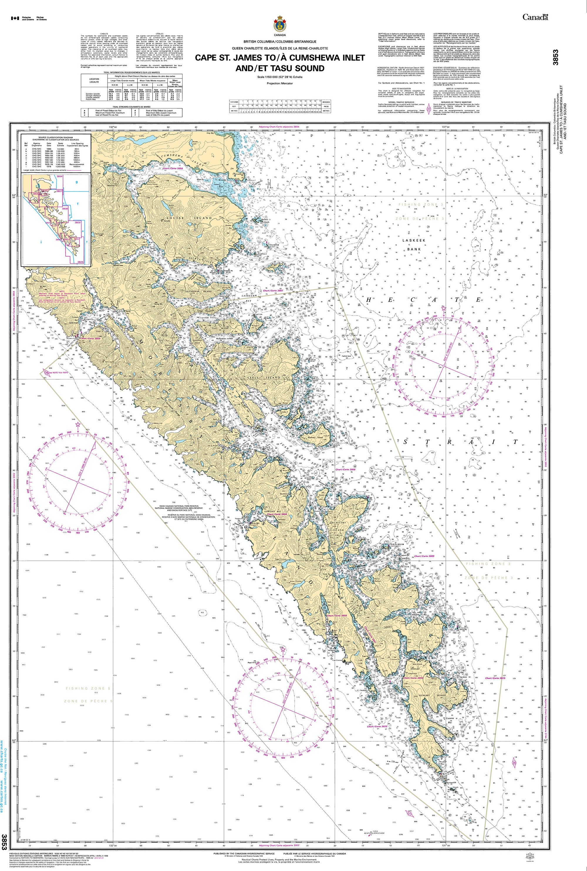 Canadian Hydrographic Service Nautical Chart CHS3853: Cape St. James to/à Cumshewa Inlet and/et Tasu Sound