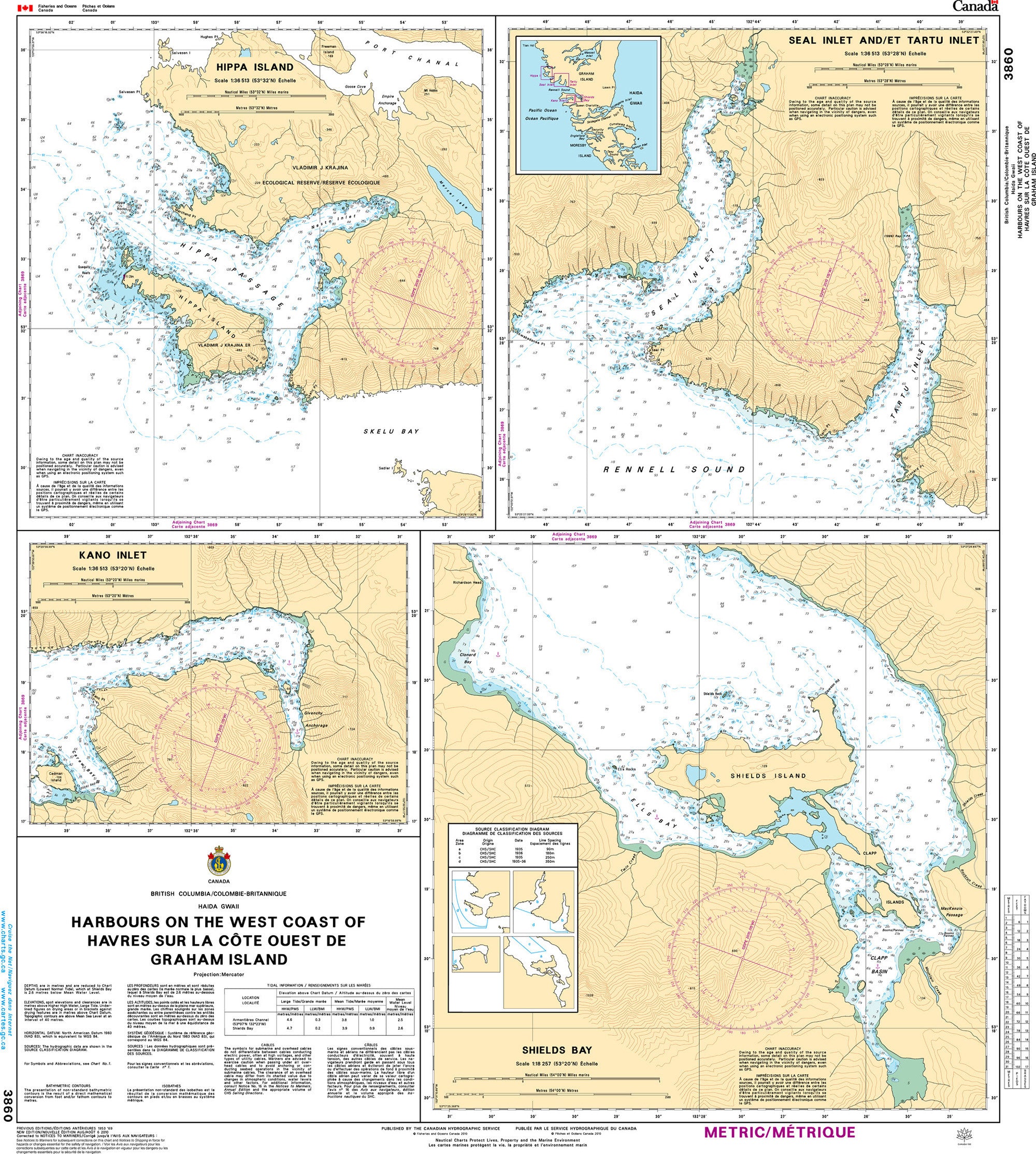 Canadian Hydrographic Service Nautical Chart CHS3860: Harbours on the West Coast of/Havres sur la côte ouest de Graham Island