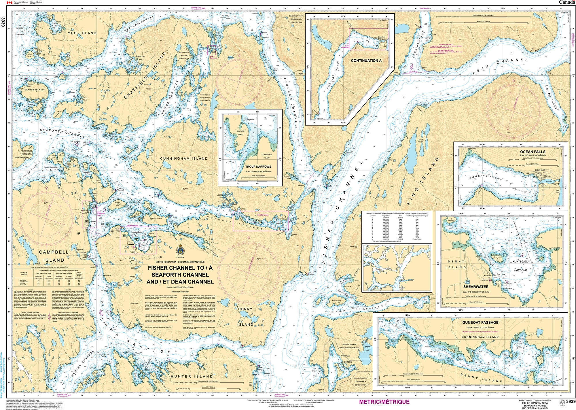 Canadian Hydrographic Service Nautical Chart CHS3939: Fisher Channel to/à Seaforth Channel and/et Dean Channel