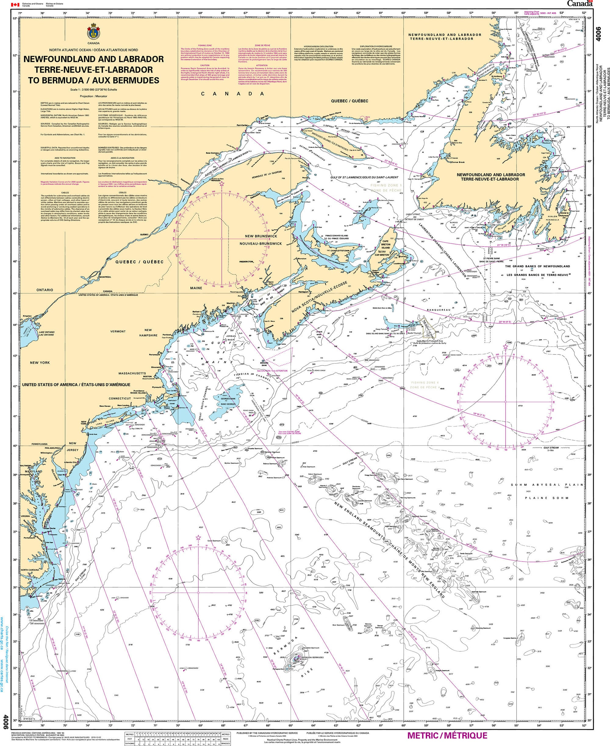 Canadian Hydrographic Service Nautical Chart CHS4006: Newfoundland and Labrador/Terre-Neuve-et-Labrador to Bermuda / aux Bermudes