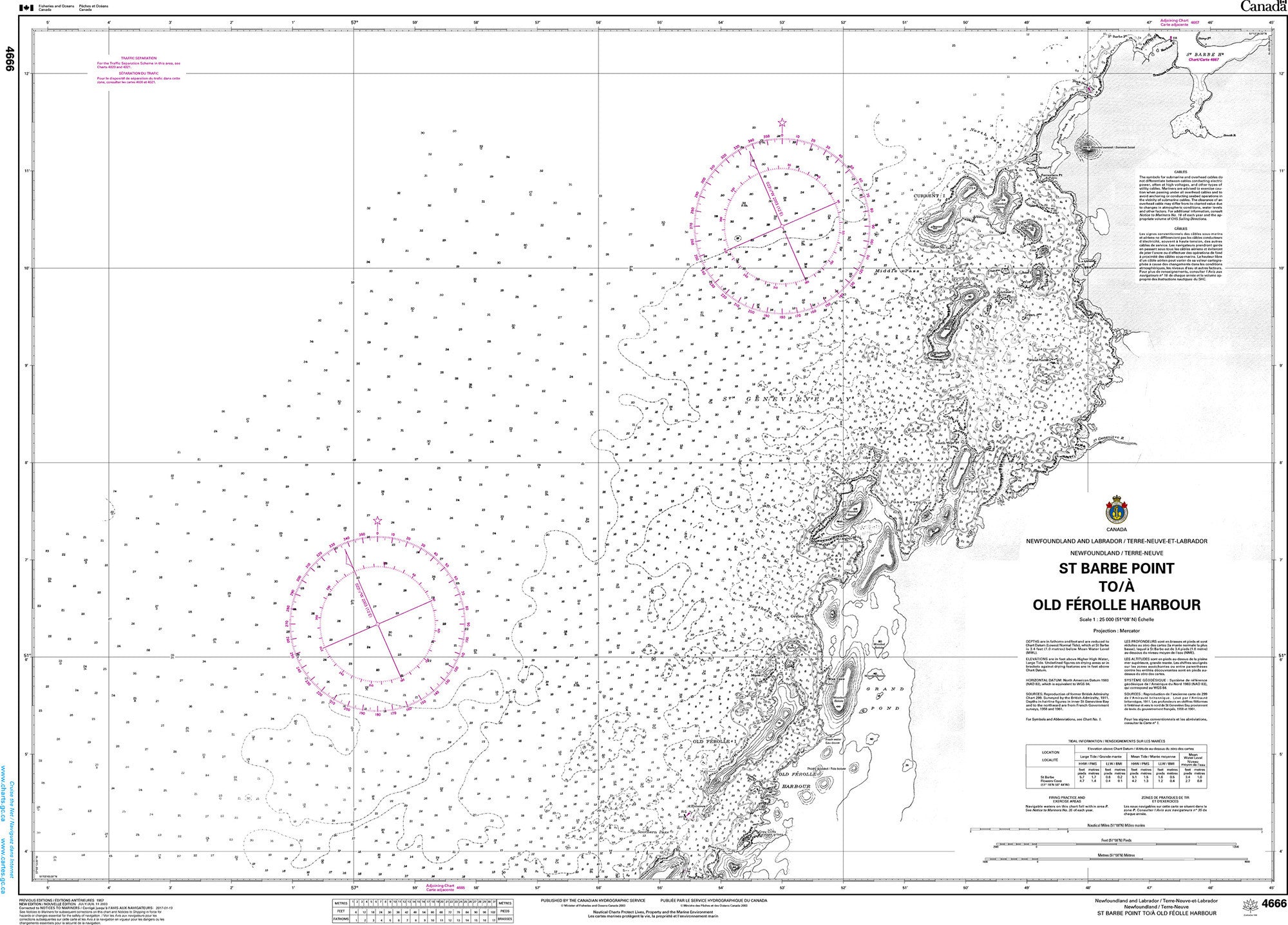 Canadian Hydrographic Service Nautical Chart CHS4666: St. Barbe Point to/à Old Férolle Harbour