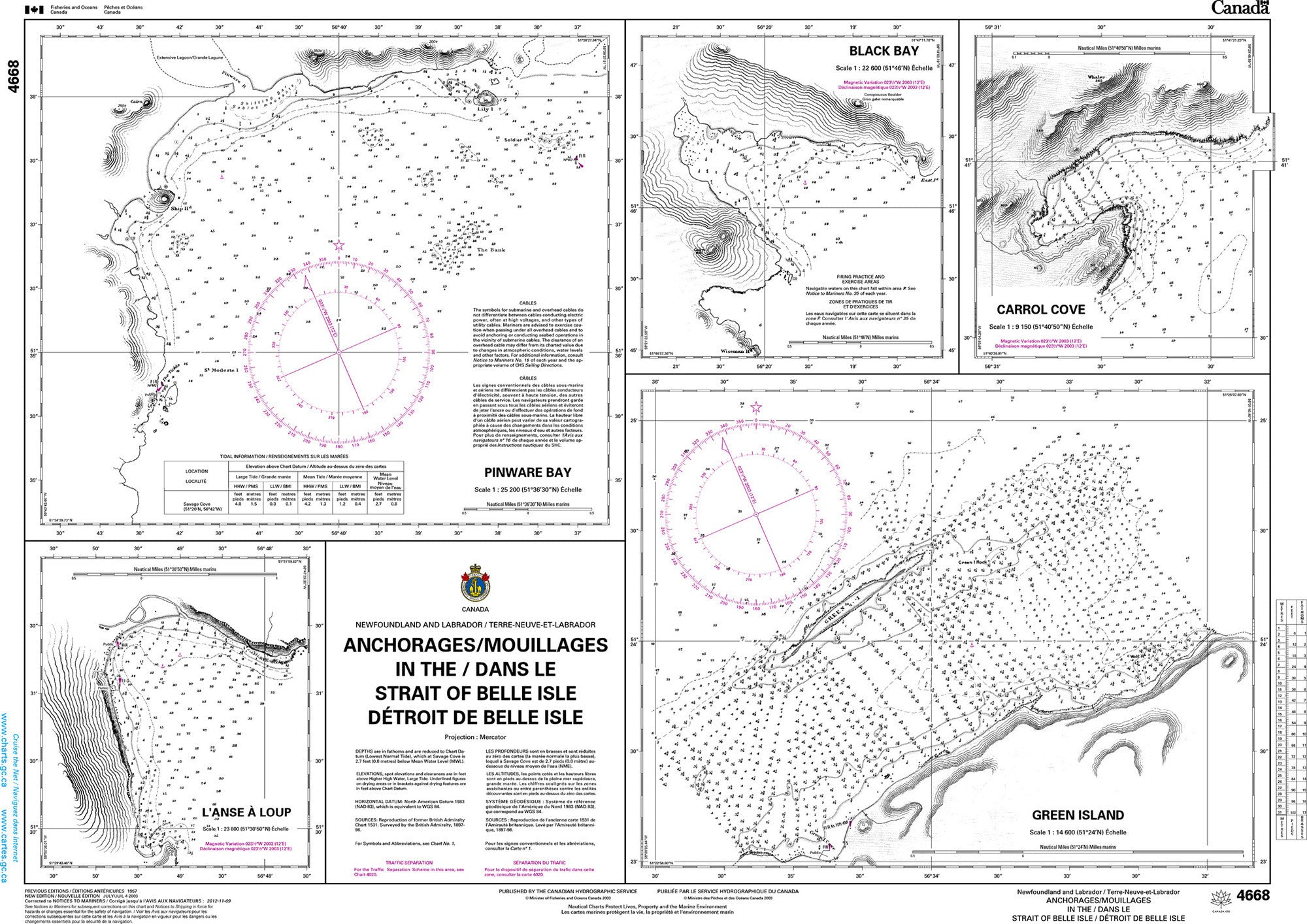 Canadian Hydrographic Service Nautical Chart CHS4668: Anchorages / Mouillages in the / dans le Strait of Belle Isle / Détroit de Belle Isle