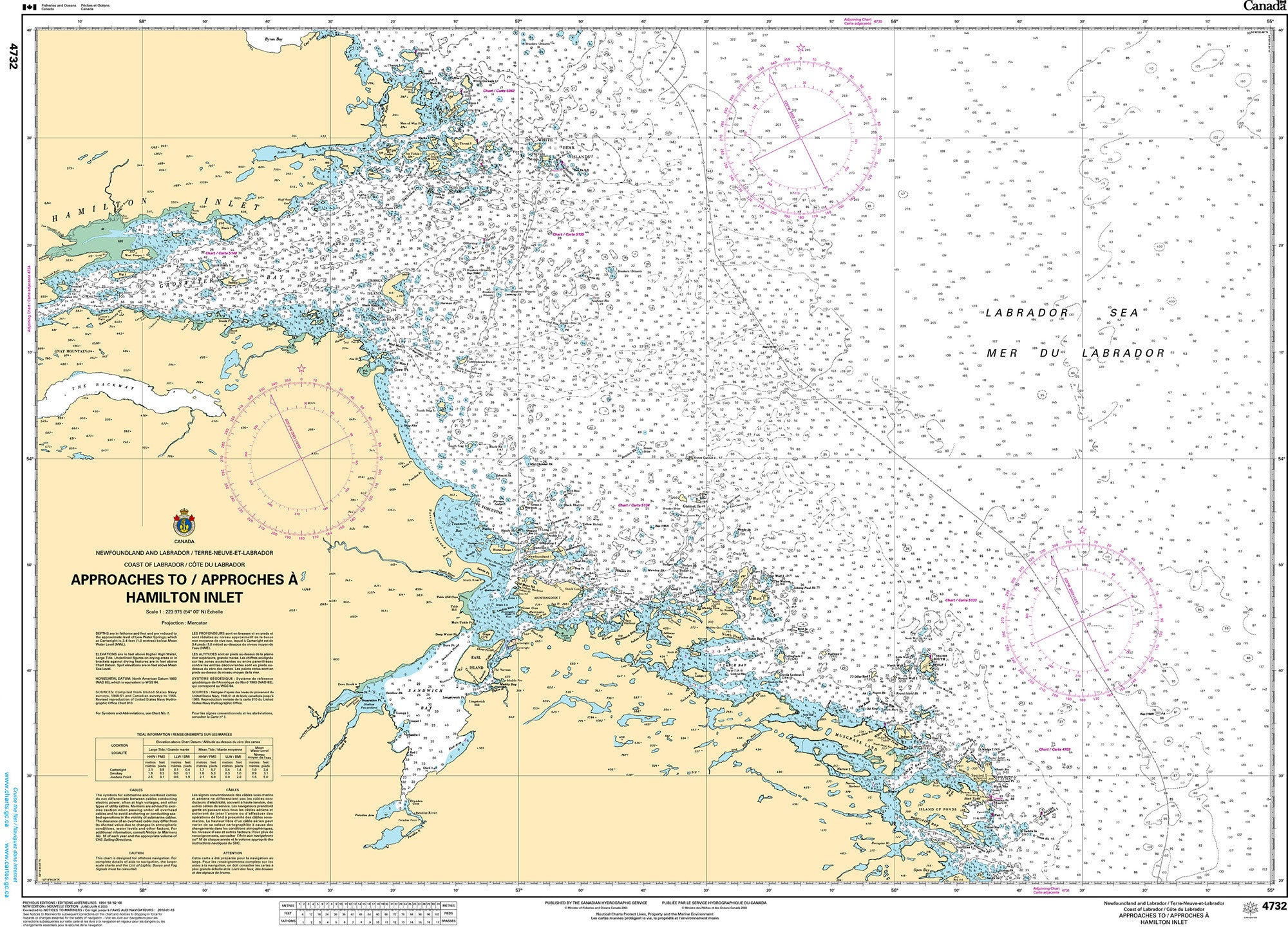 Canadian Hydrographic Service Nautical Chart CHS4732: Approaches to/Approches à Hamilton Inlet