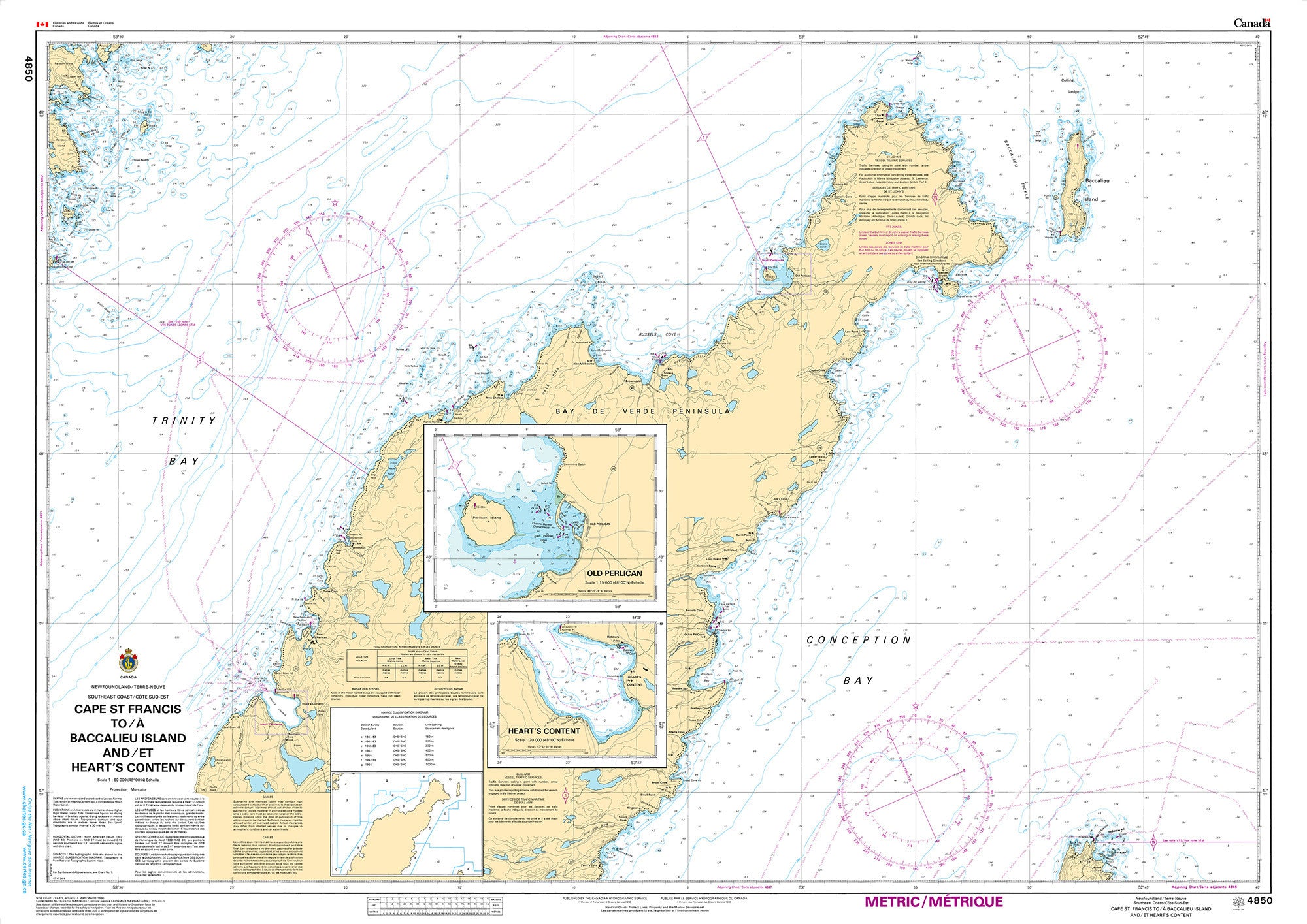 Canadian Hydrographic Service Nautical Chart CHS4850: Cape St Francis to / à Baccalieu Island and / et Heart's Content