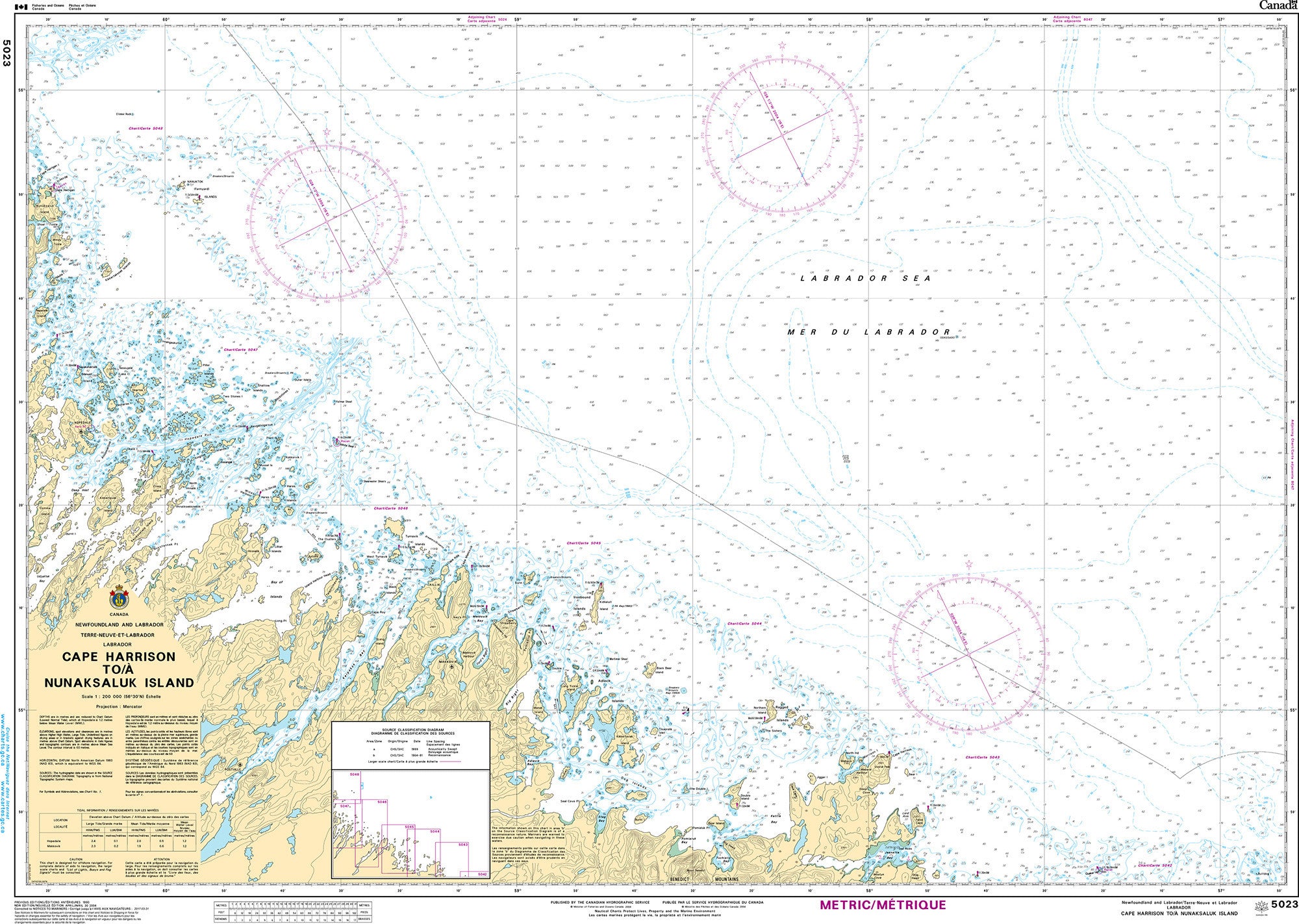 Canadian Hydrographic Service Nautical Chart CHS5023: Cape Harrison to/à Nunaksaluk Island