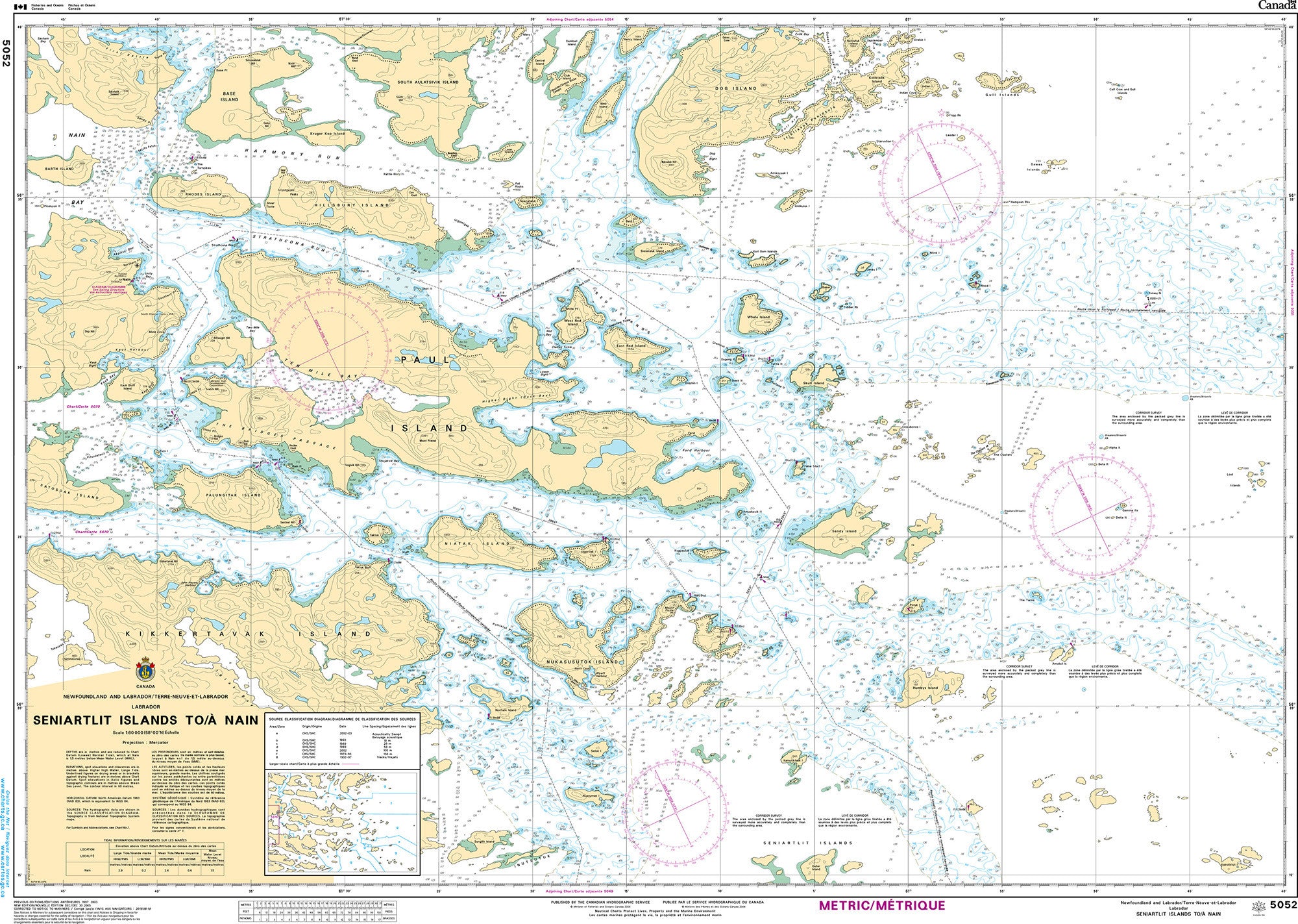 Canadian Hydrographic Service Nautical Chart CHS5052: Seniartlit Islands to/à Nain
