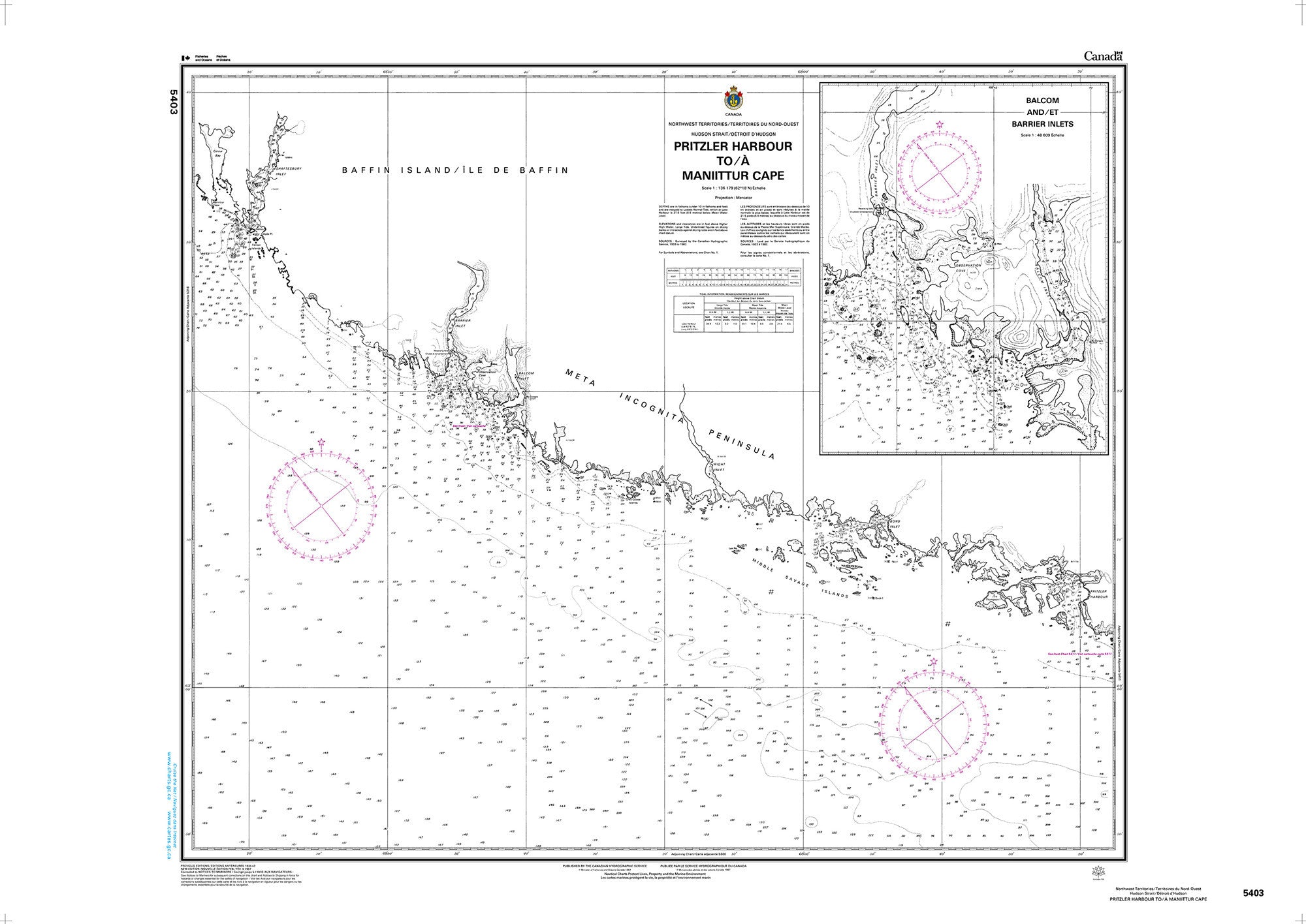 Canadian Hydrographic Service Nautical Chart CHS5403: Pritzler Harbour to/à Maniittur Cape