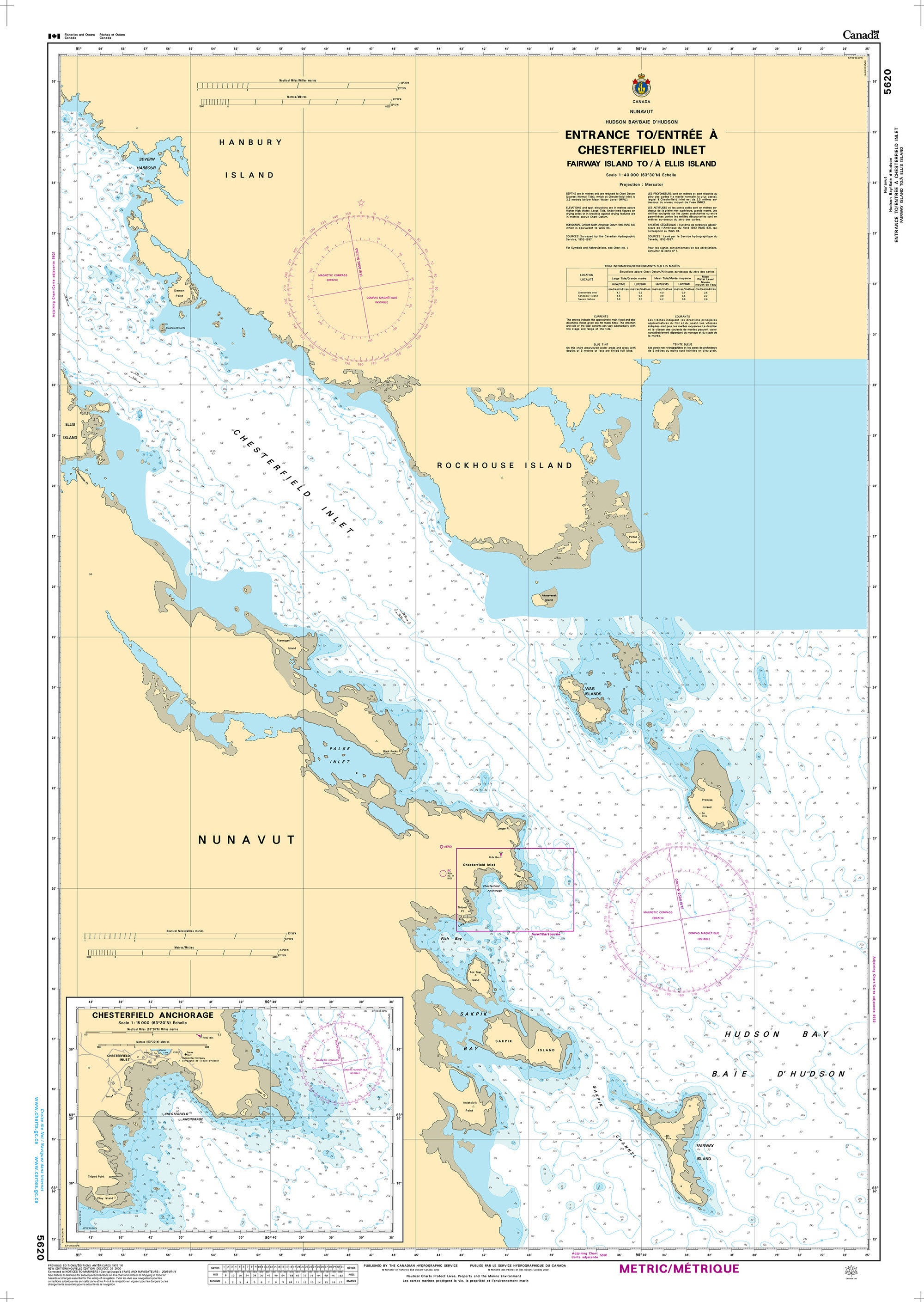 Canadian Hydrographic Service Nautical Chart CHS5620: Entrance to/Entrée à Chesterfield Inlet (Fairway Island to/à Ellis Island)