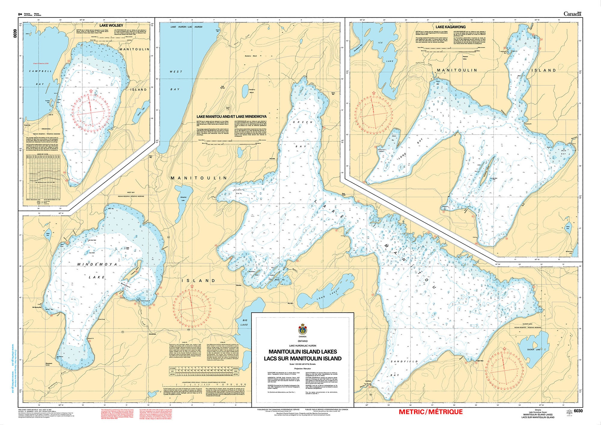 Canadian Hydrographic Service Nautical Chart CHS6030: Manitoulin Island Lakes / Lacs sur Manitoulin Island