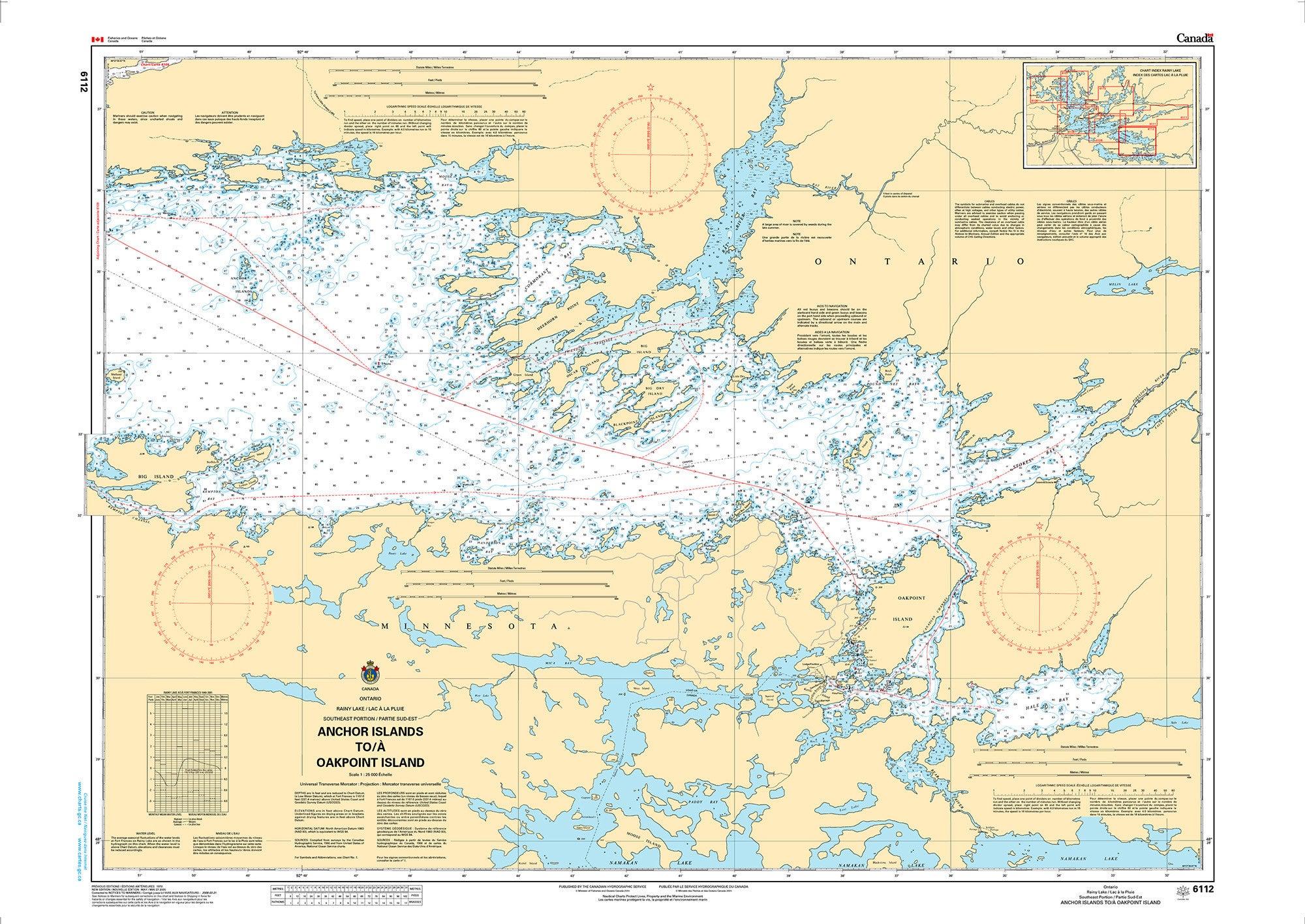 Canadian Hydrographic Service Nautical Chart CHS6112: Rainy Lake/Lac à la pluie Southeast Portion/Partie sud-est Anchor Islands to/à Oakpoint Island