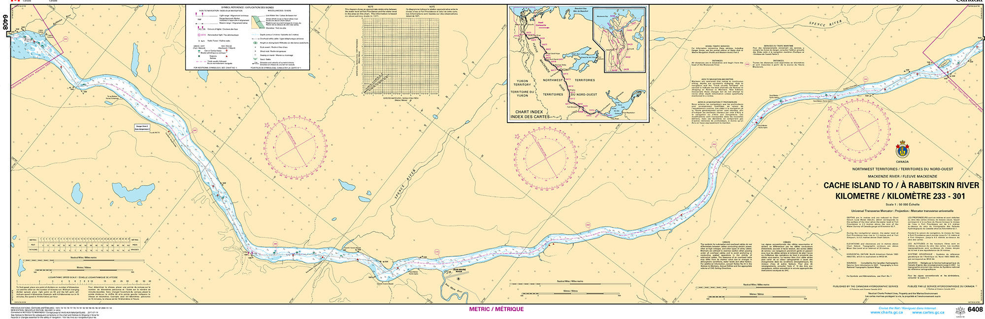 Canadian Hydrographic Service Nautical Chart CHS6408: Cache Island to/à Rabbitskin River Kilometre 233 / Kilomètre 301