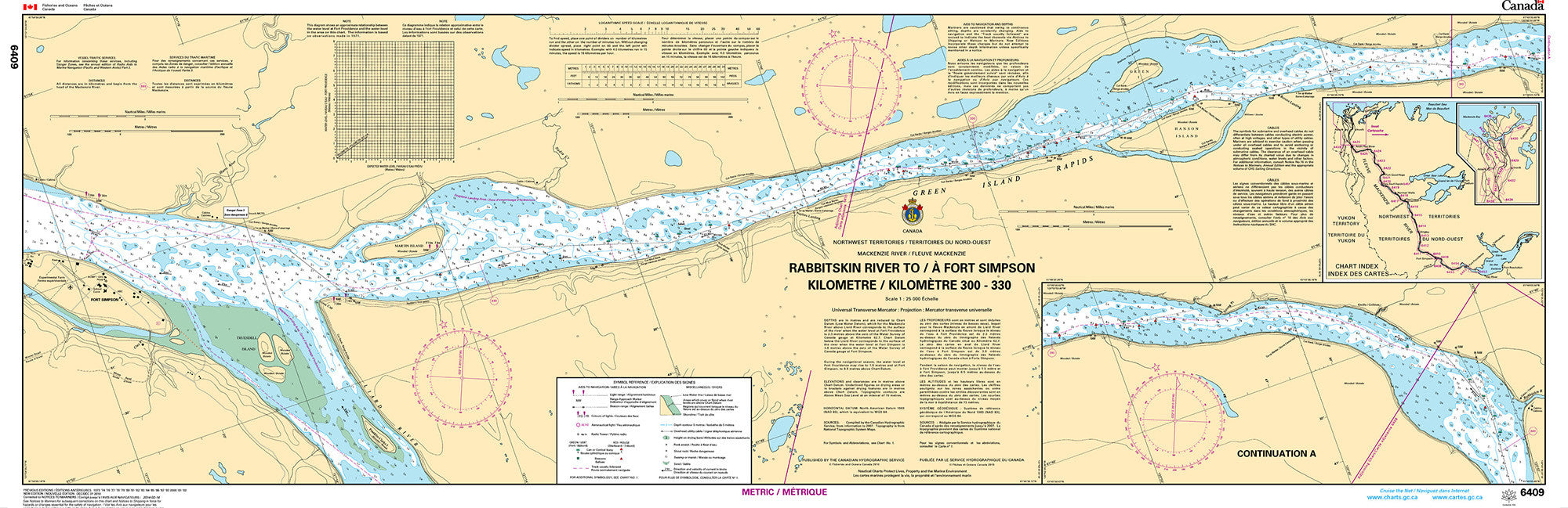 Canadian Hydrographic Service Nautical Chart CHS6409: Rabbitskin River to/à Fort Simpson Kilometre 300 / Kilomètre 330