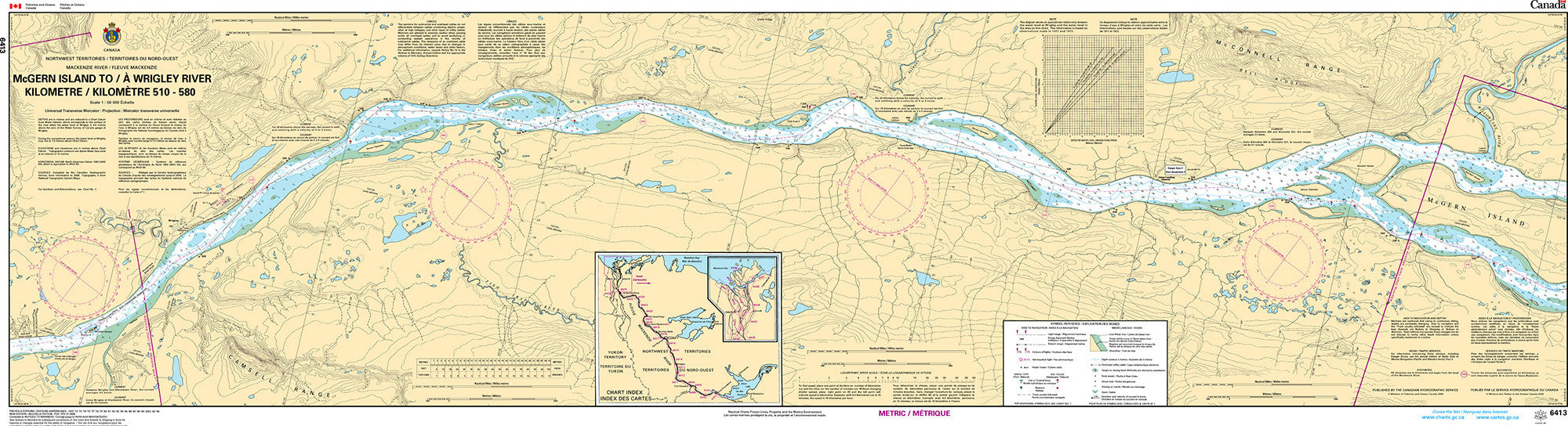 Canadian Hydrographic Service Nautical Chart CHS6413: McGern Island to/à Wrigley River Kilometre 510 / Kilomètre 580