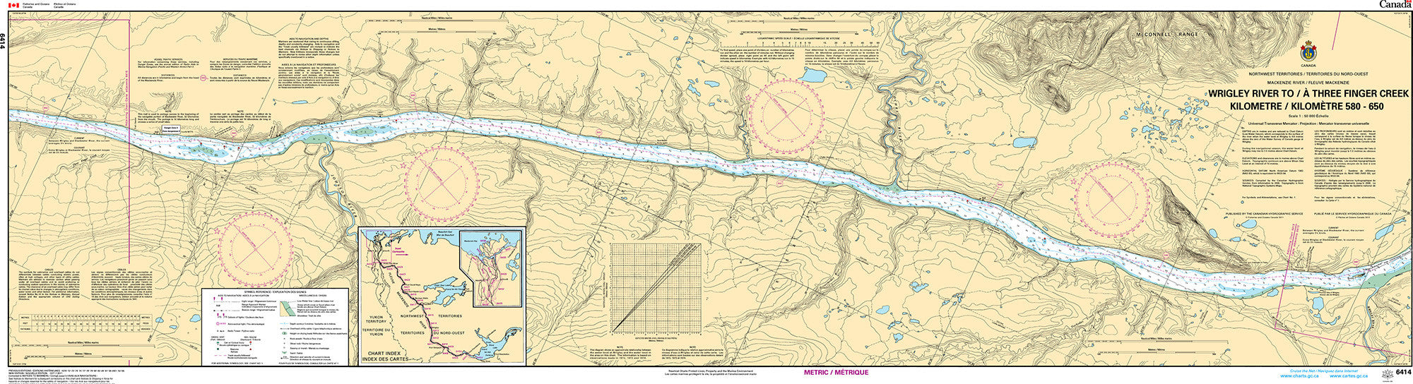 Canadian Hydrographic Service Nautical Chart CHS6414: Wrigley River to/à Three Finger Creek Kilometre 580 / Kilometre 650