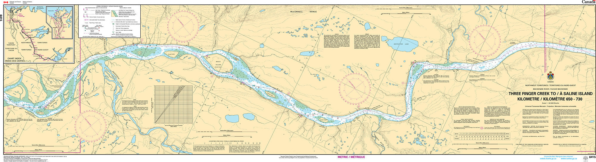 Canadian Hydrographic Service Nautical Chart CHS6415: Three Finger Creek to/à Saline Island Kilometre 650 / Kilometre 730