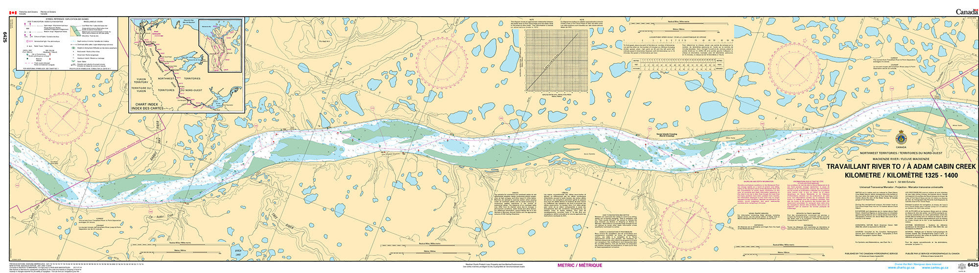 Canadian Hydrographic Service Nautical Chart CHS6425: Travaillant River to/à Adam Cabin Creek Kilometre 1325 / Kilomètre 1400
