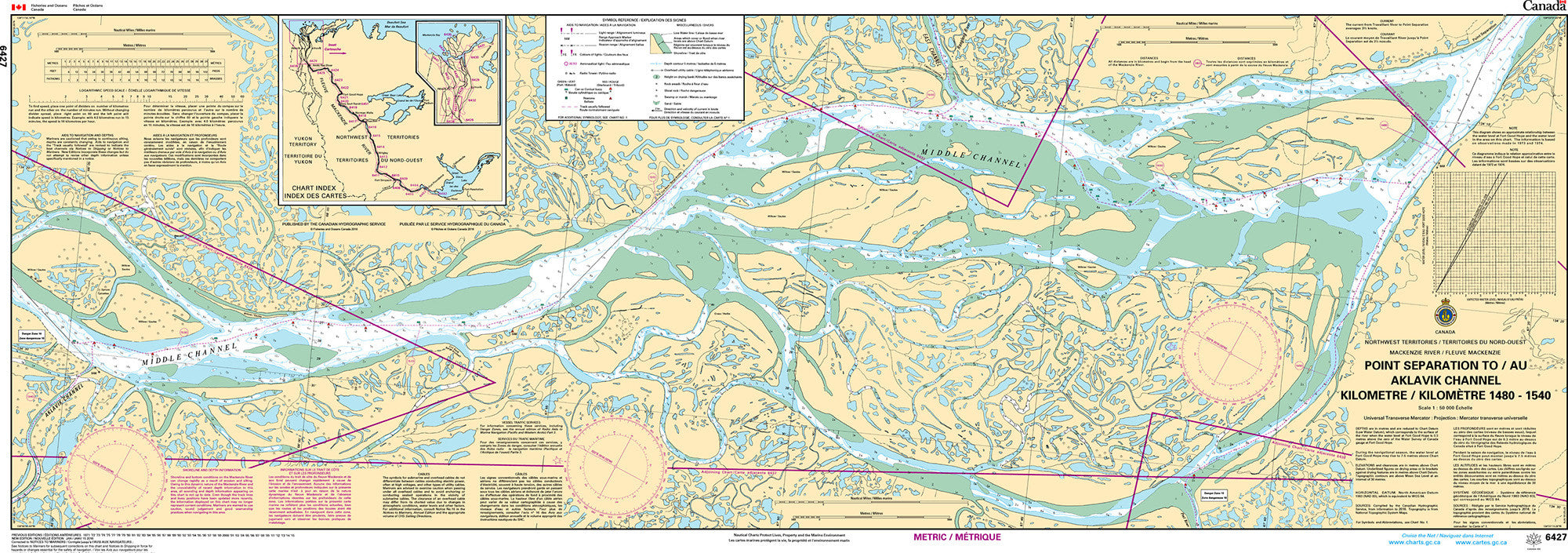 Canadian Hydrographic Service Nautical Chart CHS6427: Point Separation to/au Aklavik Channel Kilometre 1480 / Kilomètre 1540