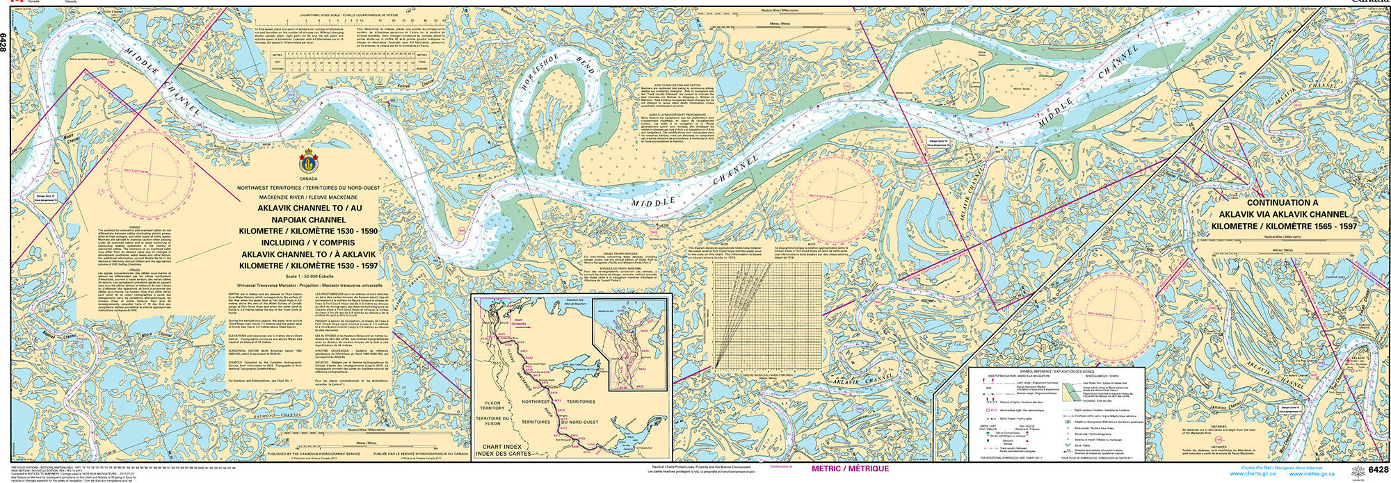 Canadian Hydrographic Service Nautical Chart CHS6428: Aklavik Channel to/au Napoiak Channel including/y compris Aklavik Channel to/à Aklavik Kilometre...