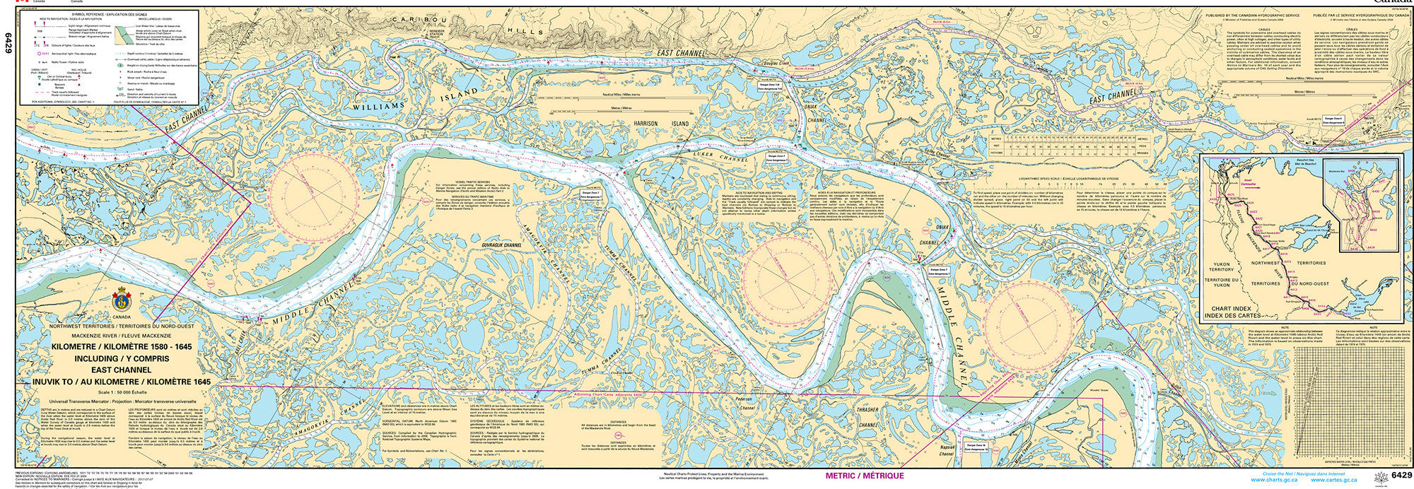 Canadian Hydrographic Service Nautical Chart CHS6429: Kilometre/Kilomètre 1580 - 1645 including/y compris East Channel, Inuvik to/à Kilometre/Kilomètr...