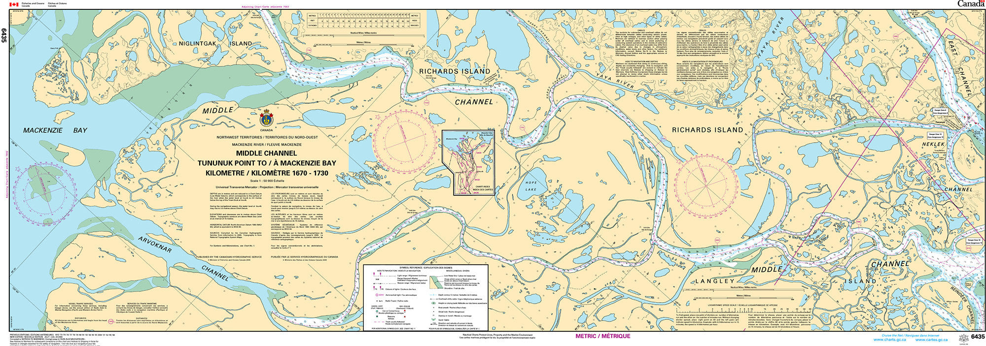 Canadian Hydrographic Service Nautical Chart CHS6435: Middle Channel, Tununuk Point to/à Mackenzie Bay Kilometre 1670 / Kilometre 1730