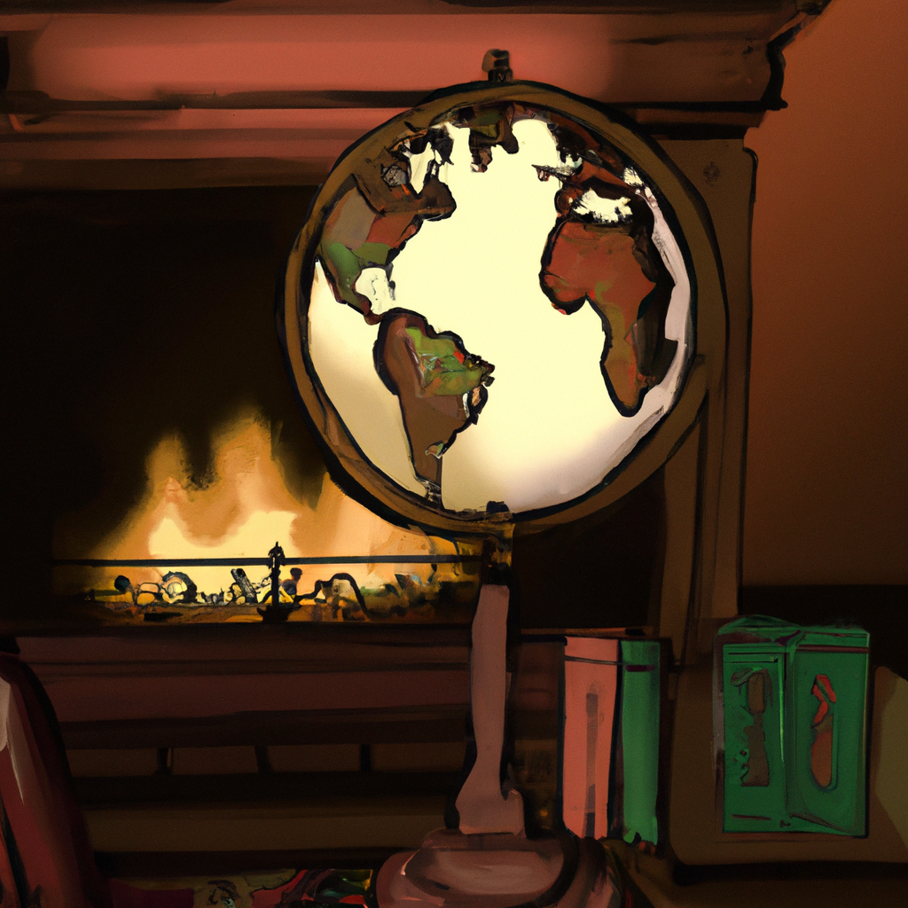 An antique standing globe illuminated in a dimly lit library, with leather-bound books in the background and a cozy fireplace, showcasing continents with a vintage map aesthetic.