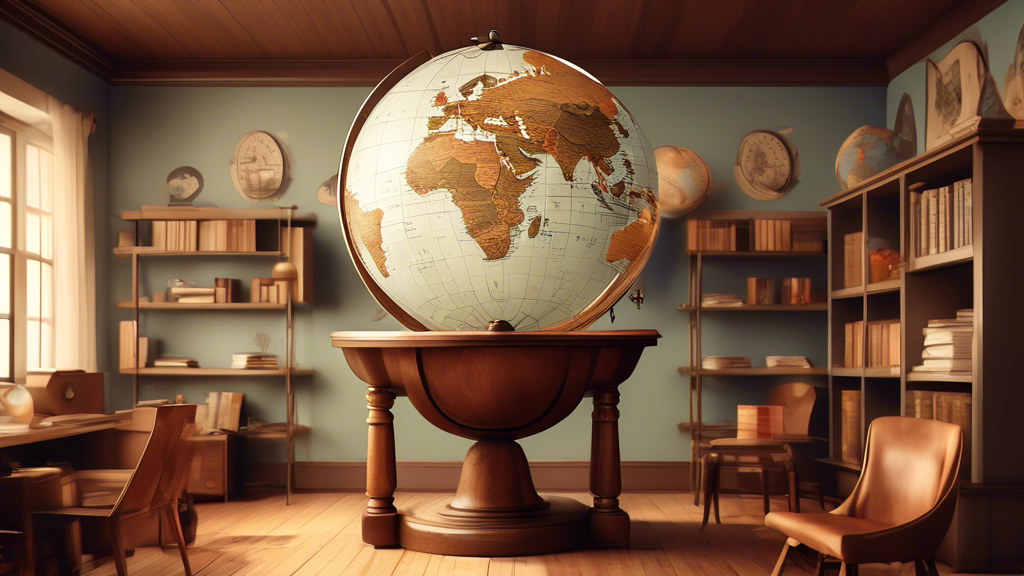 An infographic showcasing different world globe mounting styles, with a focus on choosing the perfect meridian, set in a well-lit, vintage-style study room.