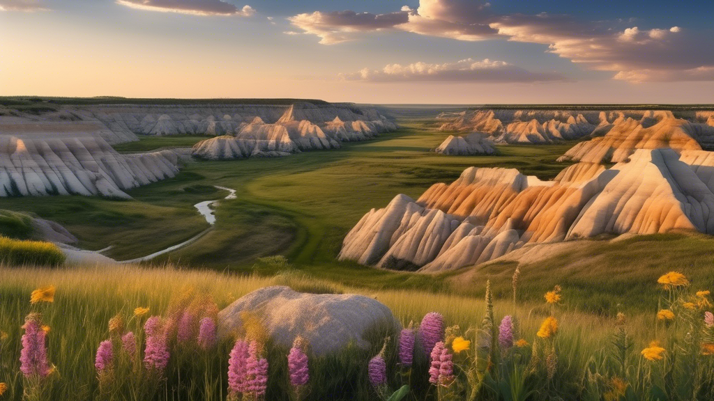 Here is a possible DALL-E prompt for an image relating to the article title Exploring South Dakota's Diverse Landscapes:

A dramatic panoramic landscape view showcasing the diverse scenery of South Da