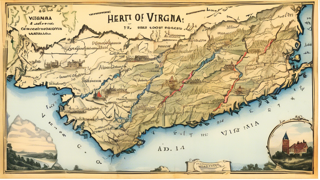 Here is a potential DALL-E prompt for an image relating to the article title Virginia State Map: Explore the Heart of the Old Dominion:

A beautifully illustrated vintage-style map of the state of Vir