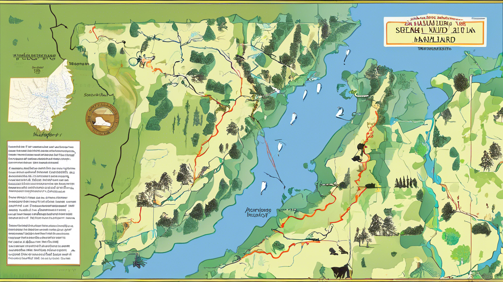 Here's a DALL-E prompt for an image related to Exploring the Scenic Landscapes of Maryland: A Comprehensive Map Guide:

A detailed illustrated map of Maryland, featuring iconic natural landmarks like 
