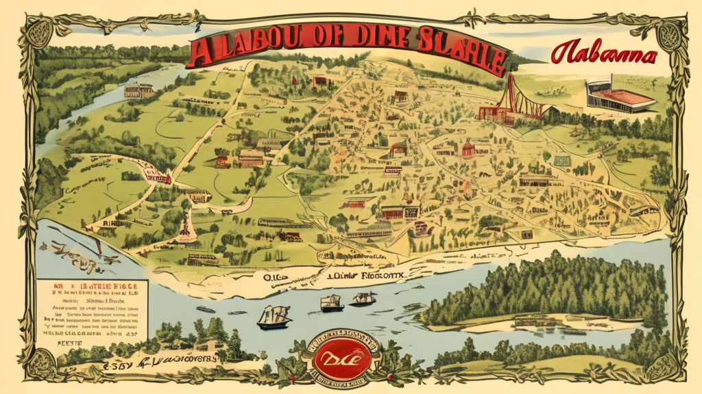 Here is a DALL-E prompt for an image related to the article title Alabama Map: Explore the Heart of Dixie:

A vintage-style illustrated map of the state of Alabama with iconic landmarks, symbols and s