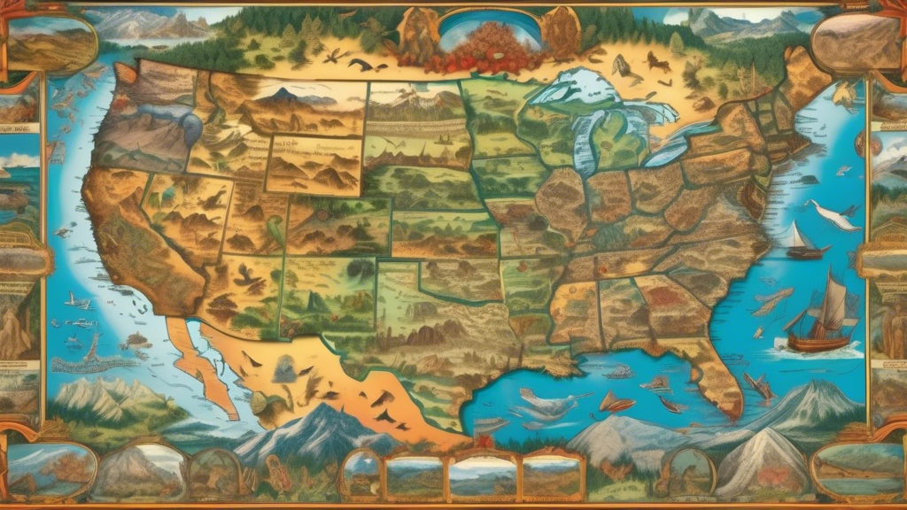 A highly detailed vintage-style map of the United States, depicting the diverse landscapes and terrain across the country, from the towering Rocky Mountains to the vast Great Plains, the rugged Pacifi