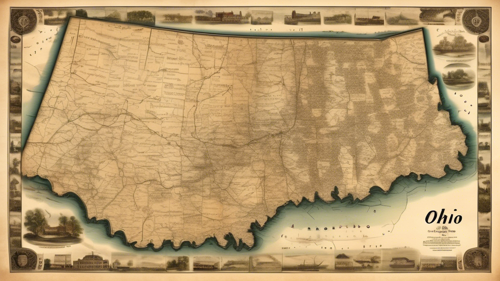 A photo-realistic map of the state of Ohio, showing major cities, roads, rivers, and landscapes. The map has a vintage look with an antique paper texture and ornate calligraphic lettering for the titl