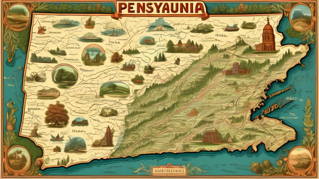 A vintage-style topographic map of the state of Pennsylvania, featuring detailed terrain, major cities and towns, rivers and lakes, national parks and forests, and historical or cultural landmarks, wi