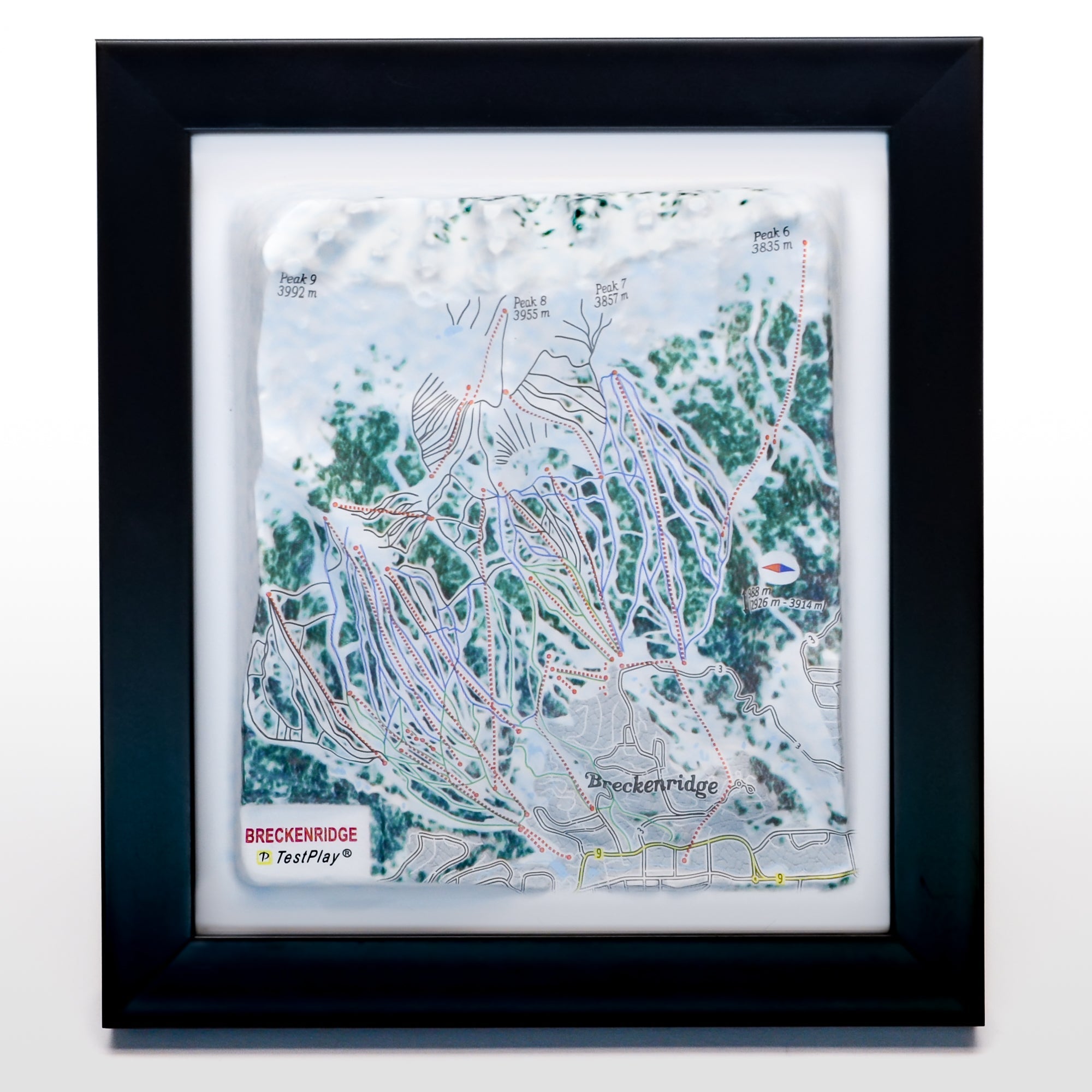 TESTPLAY Breckenridge Ski Area 3D raised relief map showing topography, lifts and ski runs.