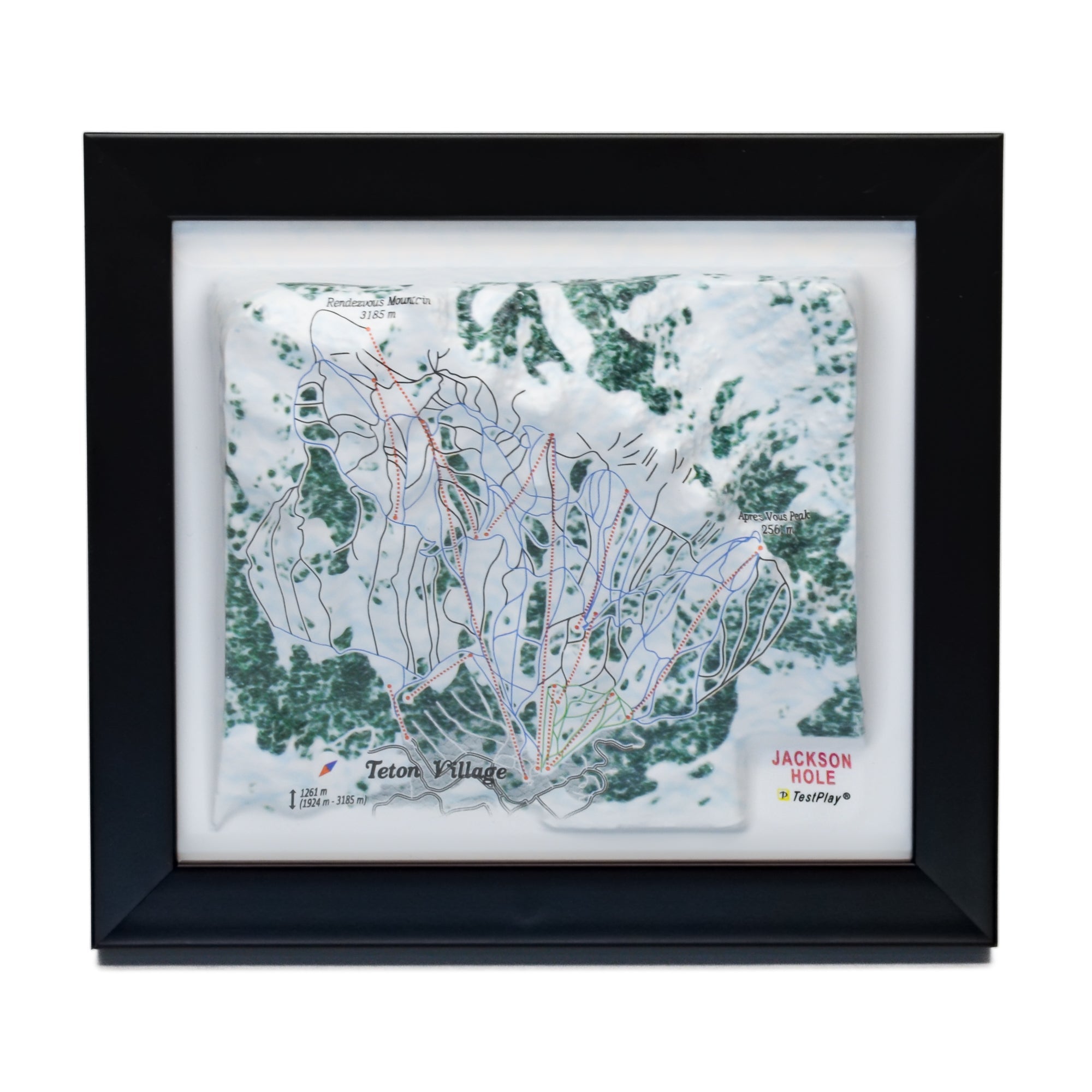 TestPlayNA 3D ski resort map of Jackson Hole, Tetons showing steep terrain, runs, and lifts