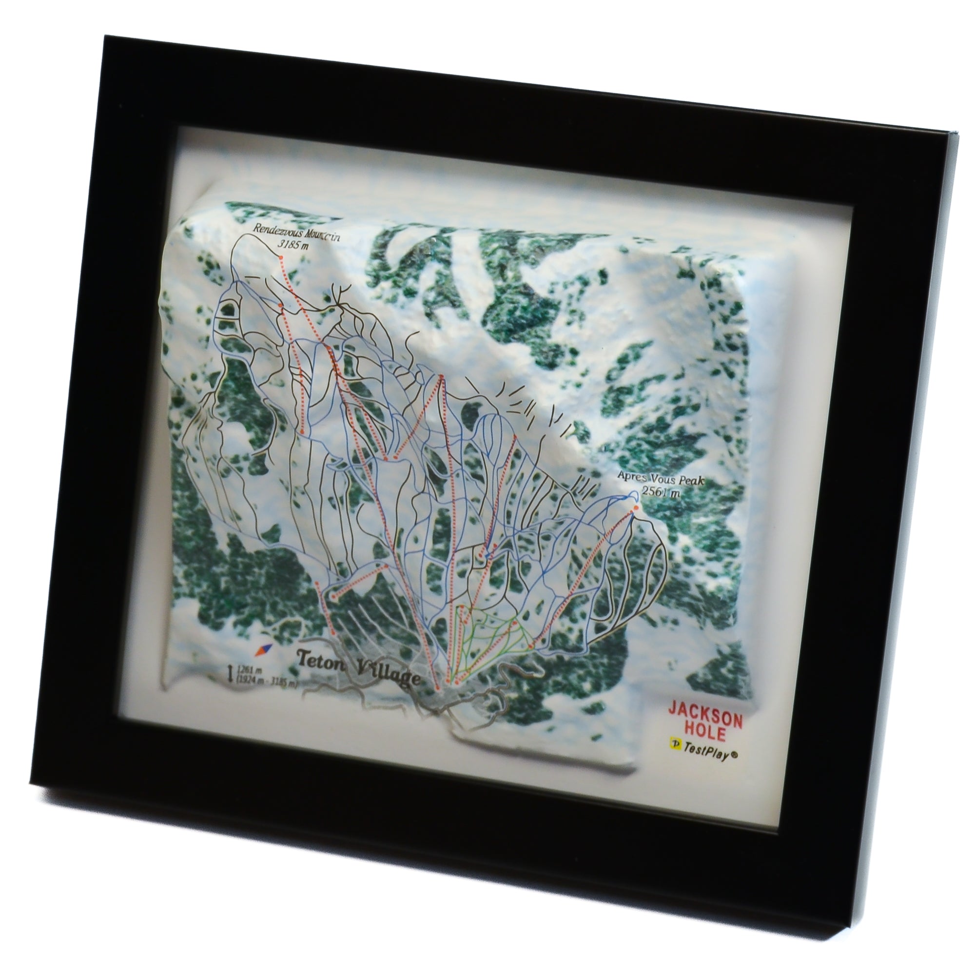 TestPlayNA 3D ski resort map of Jackson Hole, Tetons showing steep terrain, runs, and lifts