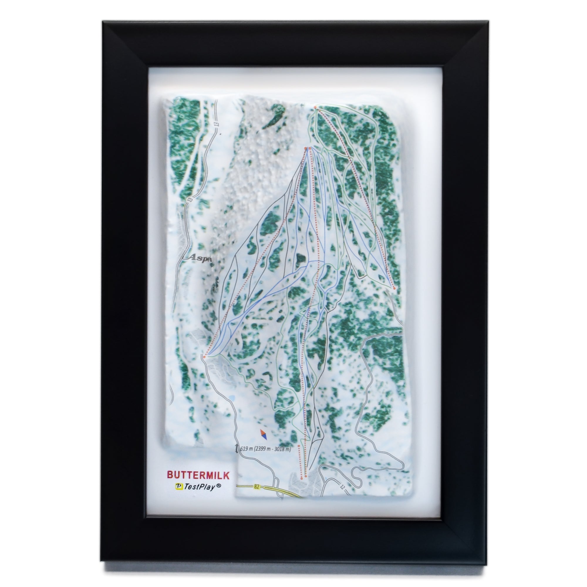TestPlayNA 3D ski resort map of Buttermilk, Aspen showing beginner-friendly terrain and lifts