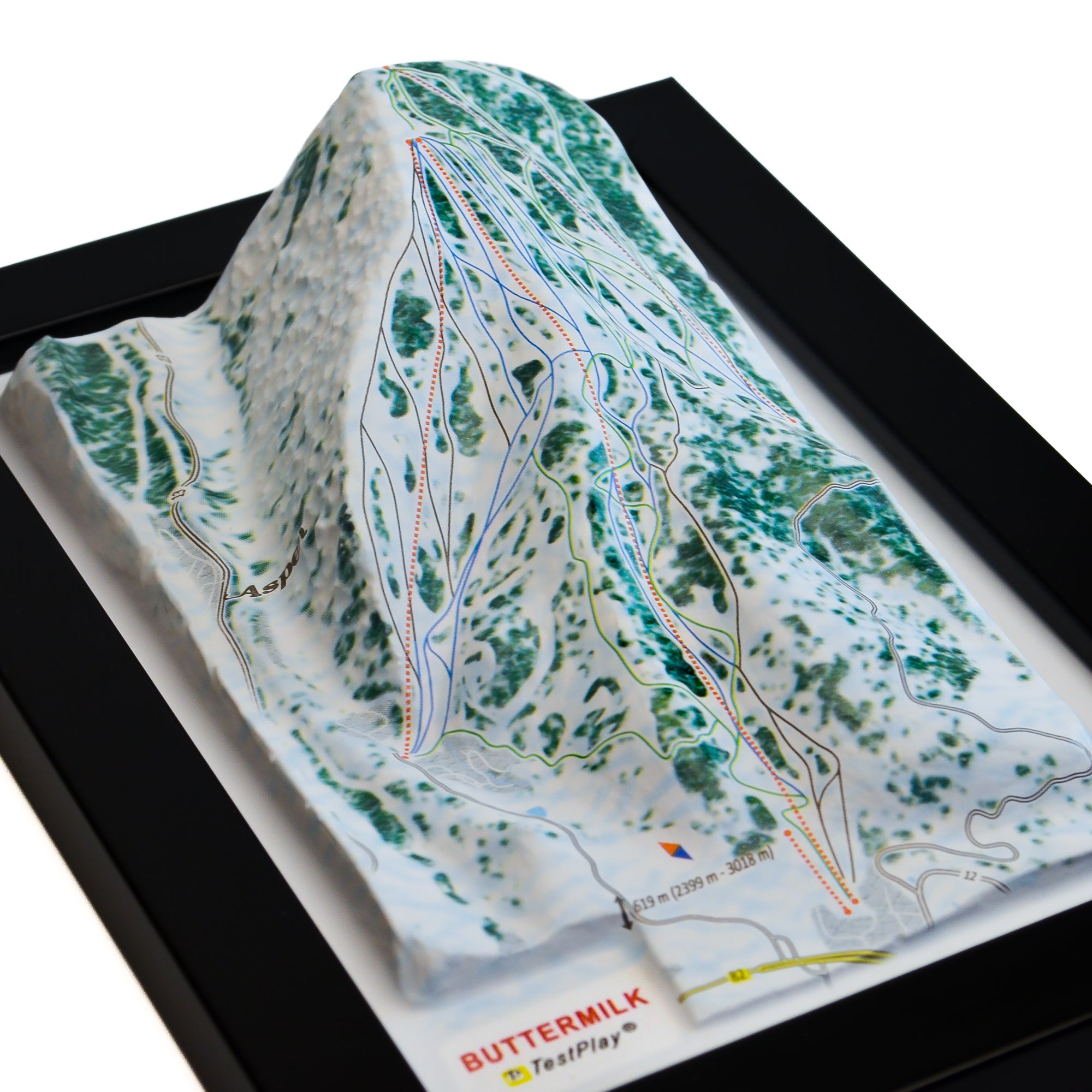 TestPlayNA 3D ski resort map of Buttermilk, Aspen showing beginner-friendly terrain and lifts