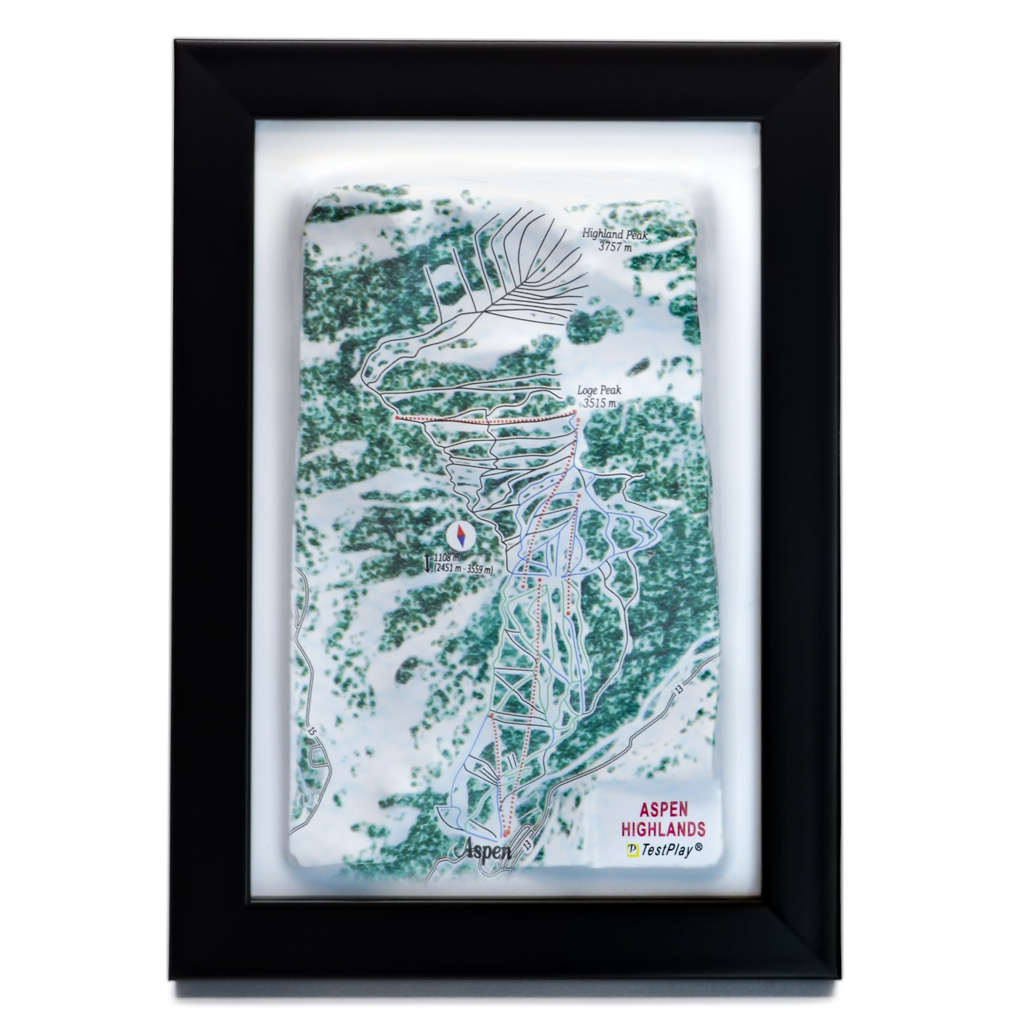 TestPlayNA 3D ski resort map of Aspen Highlands showing challenging terrain and lifts