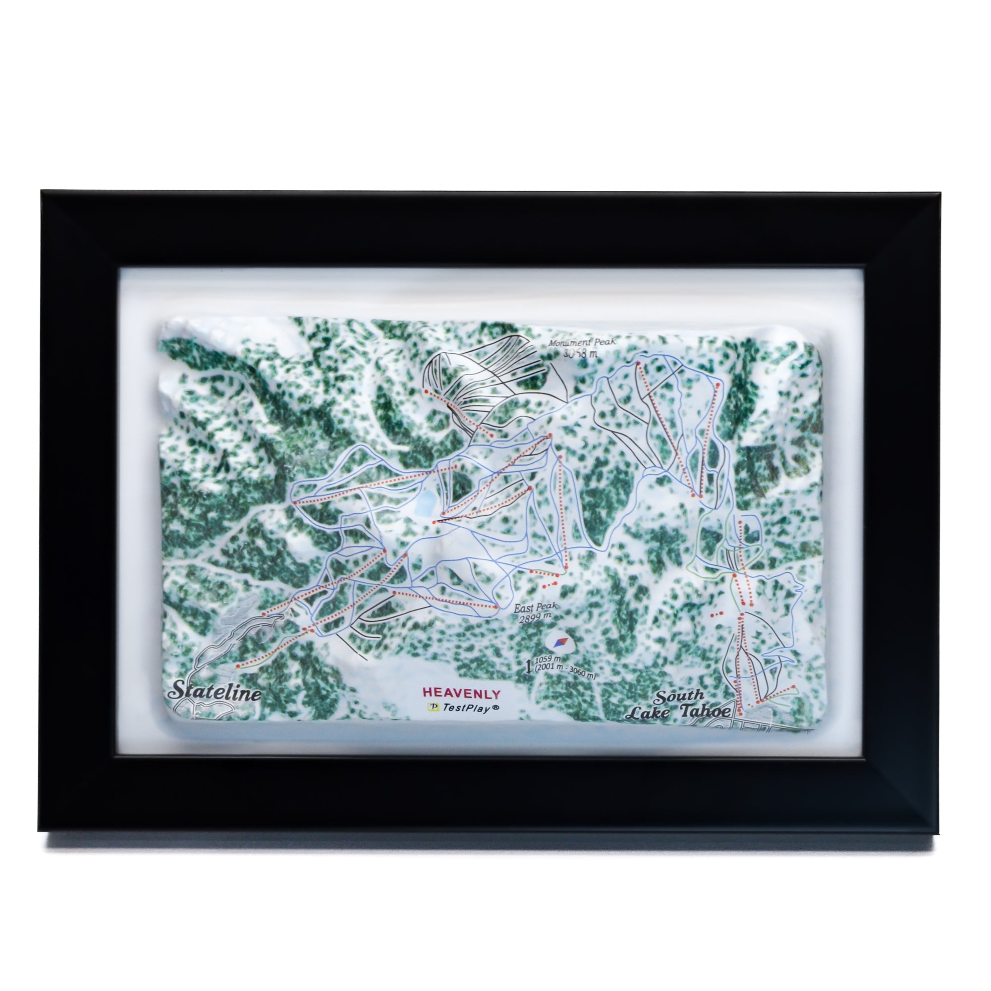 TestPlayNA 3D ski resort map of Heavenly, Lake Tahoe showing terrain, runs, and lifts