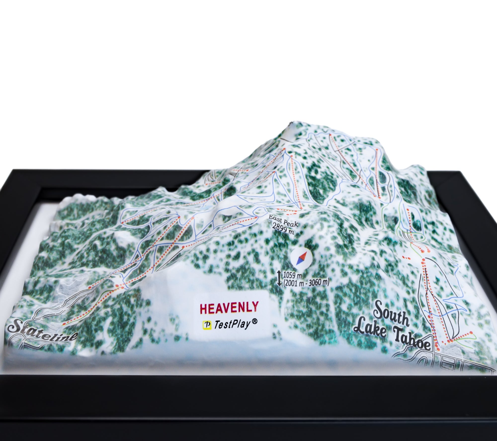TestPlayNA 3D ski resort map of Heavenly, Lake Tahoe showing terrain, runs, and lifts